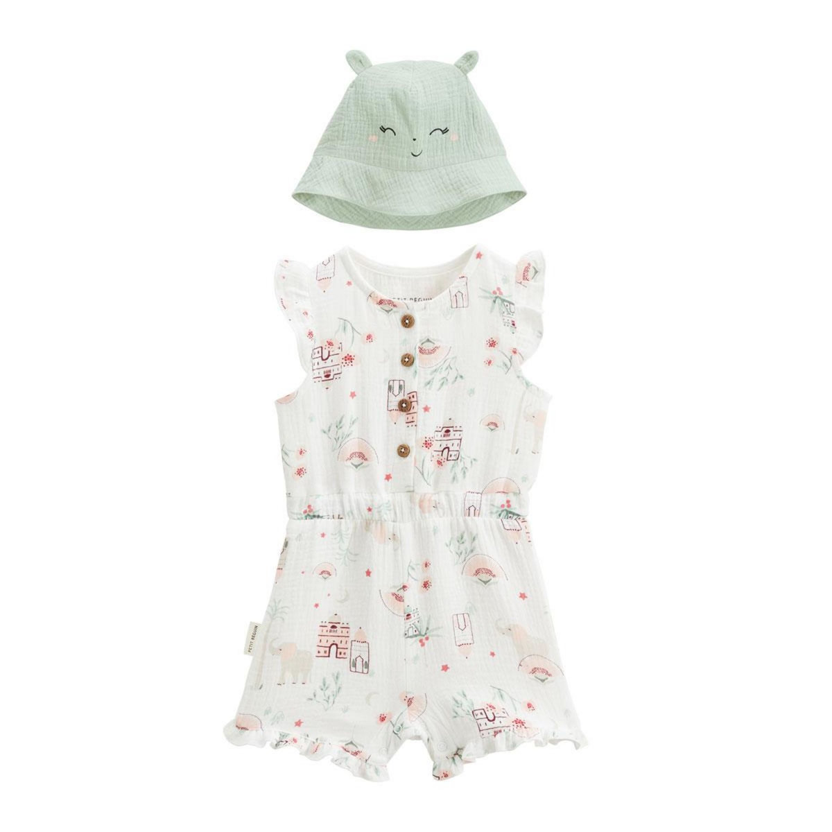 Petit Béguin Combishort bébé + chapeau en gaze de coton Arya