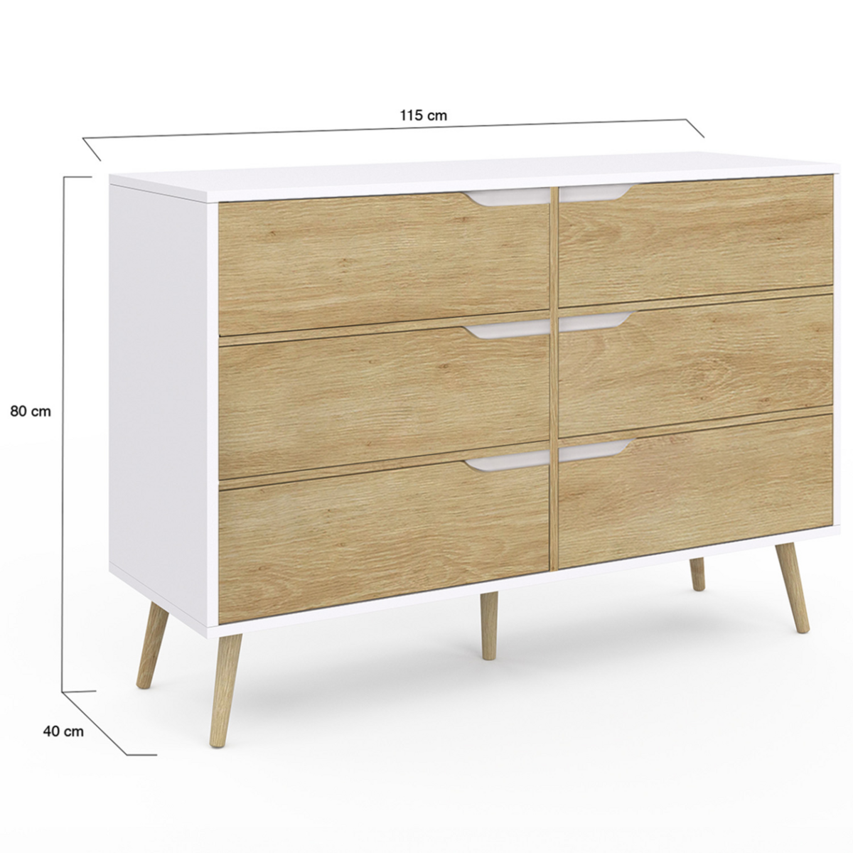 ID MARKET Commode 6 tiroirs HELSINKI 115 cm scandinave blanc et effet hêtre