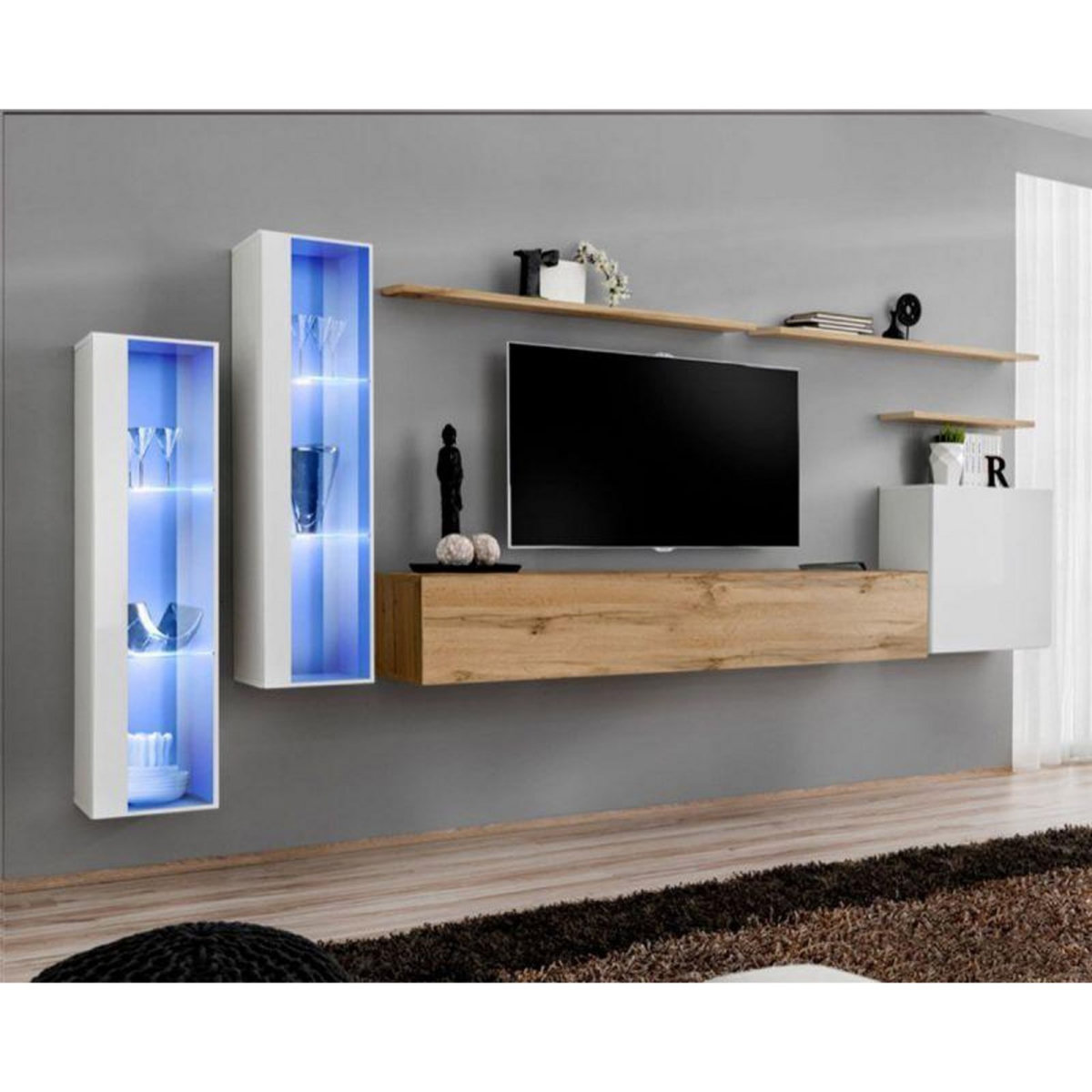 Paris Prix Meuble TV Mural Design  Switch XI  330cm Blanc & Naturel