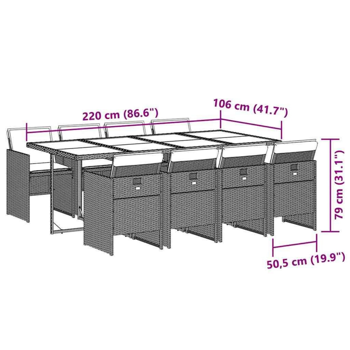VIDAXL Ensemble a manger de jardin 9pcs coussins noir resine tressee