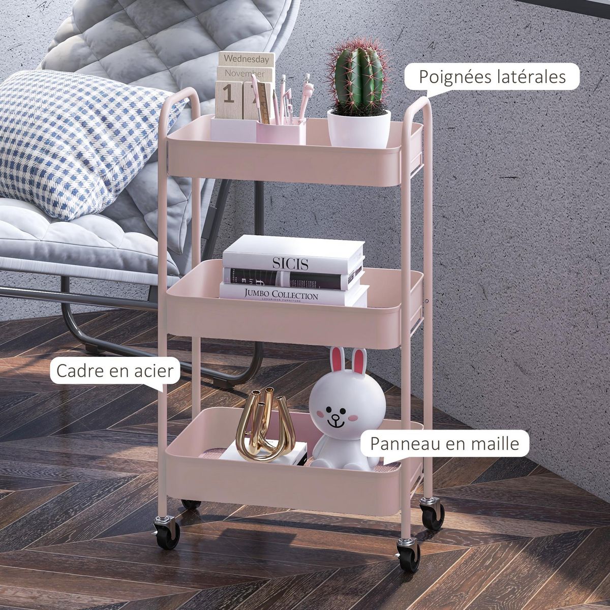 HOMCOM Desserte de cuisine style néo-rétro - 3 étagères - acier