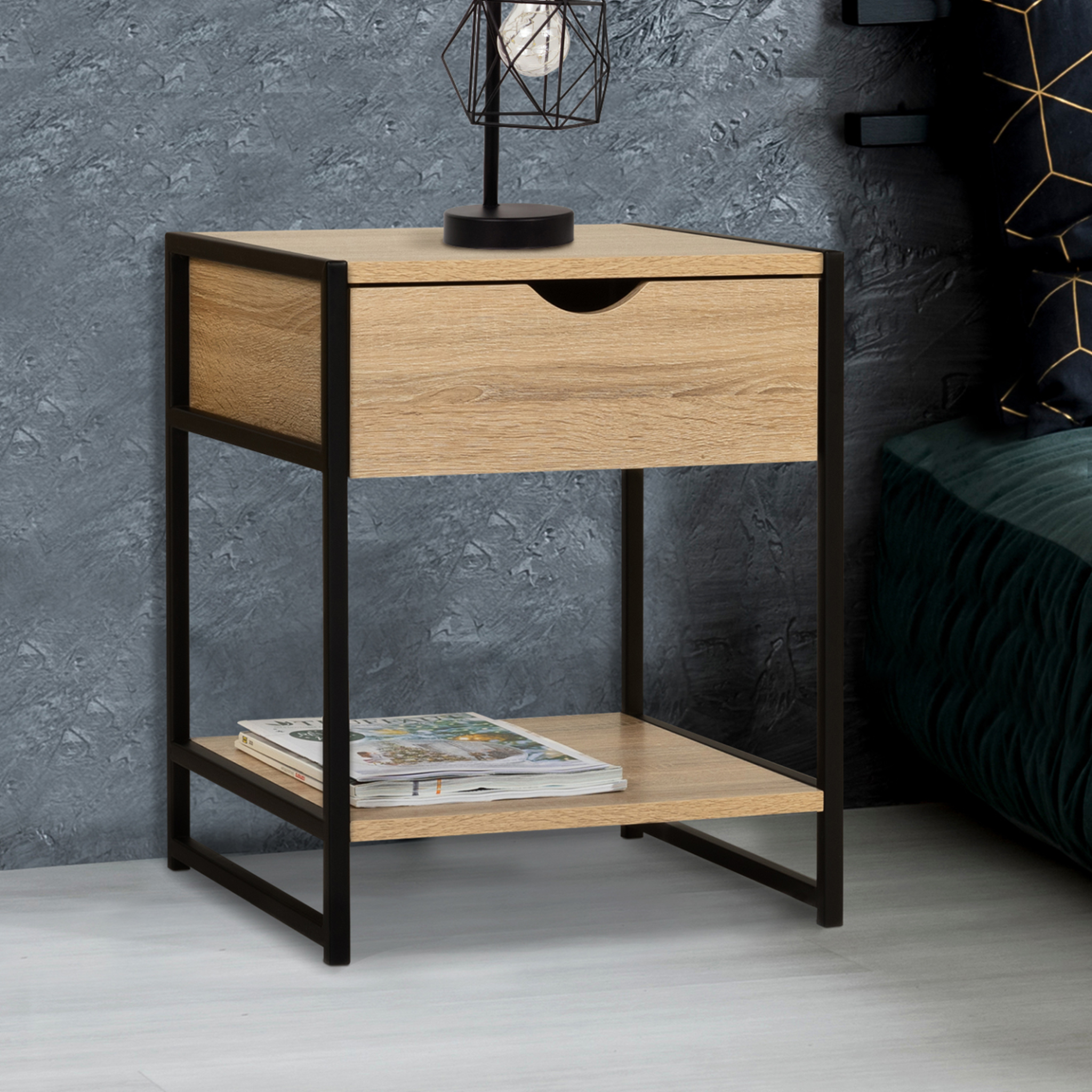 Voir la diapositive 2 : ID MARKET Lot de 2 tables de chevet detroit 1 tiroir avec tablette bois et métal noir design industriel