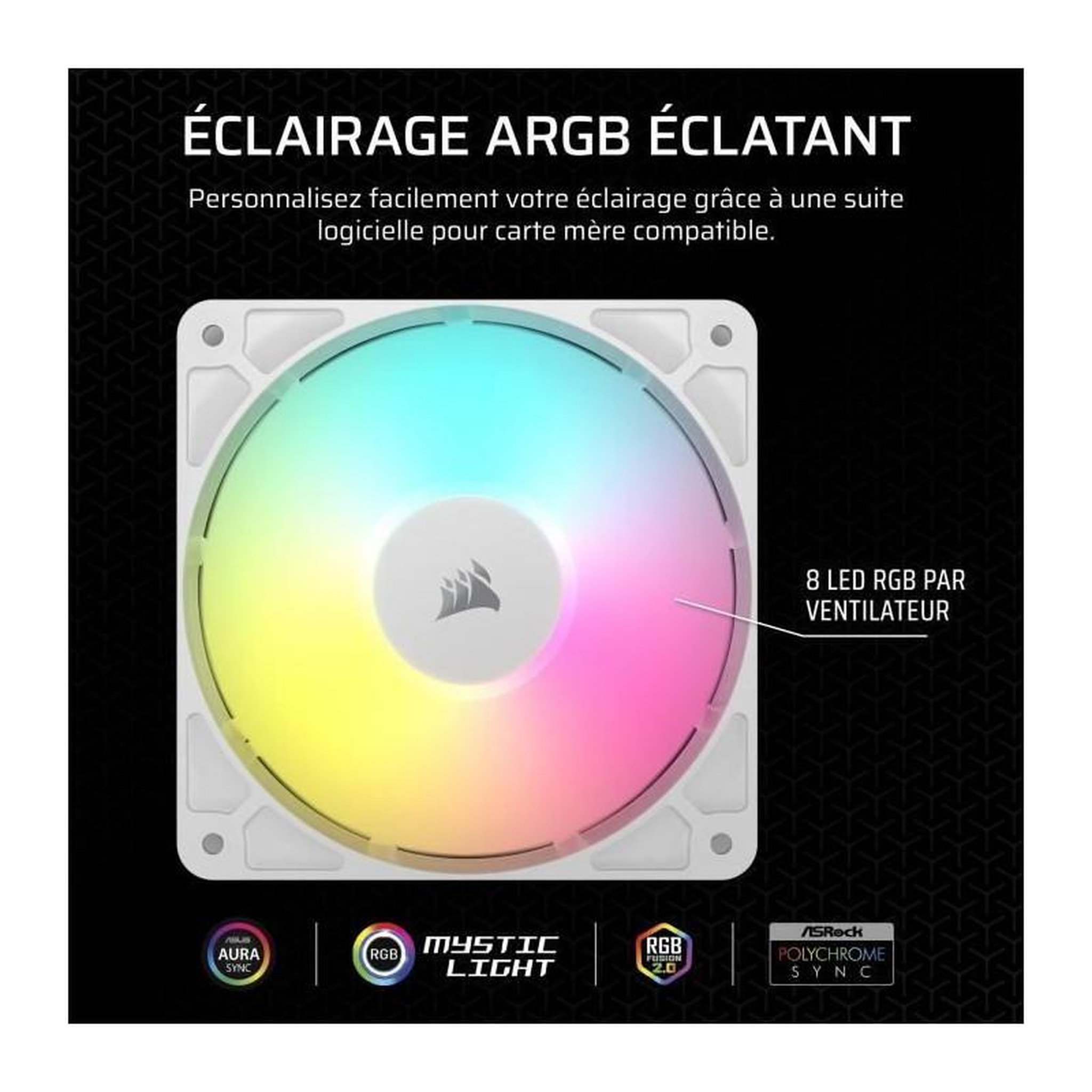 Voir la diapositive 3 : Corsair Ventilateur ARGB 120mm - CORSAIR - RS120 - Blanc - Refroidissement performant et effets lumineux ARGB