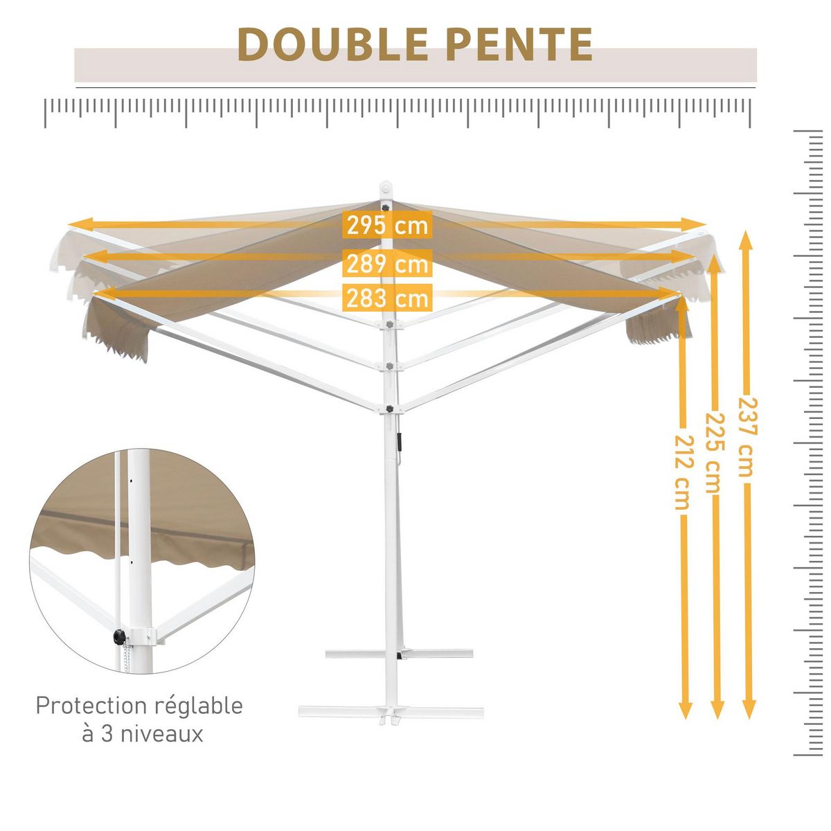 OUTSUNNY Store double pente manuel rétractable inclinaison réglable acier époxy blanc polyester imperméabilisé anti-UV beige dim. 3L x 2,95l x 2,6H m