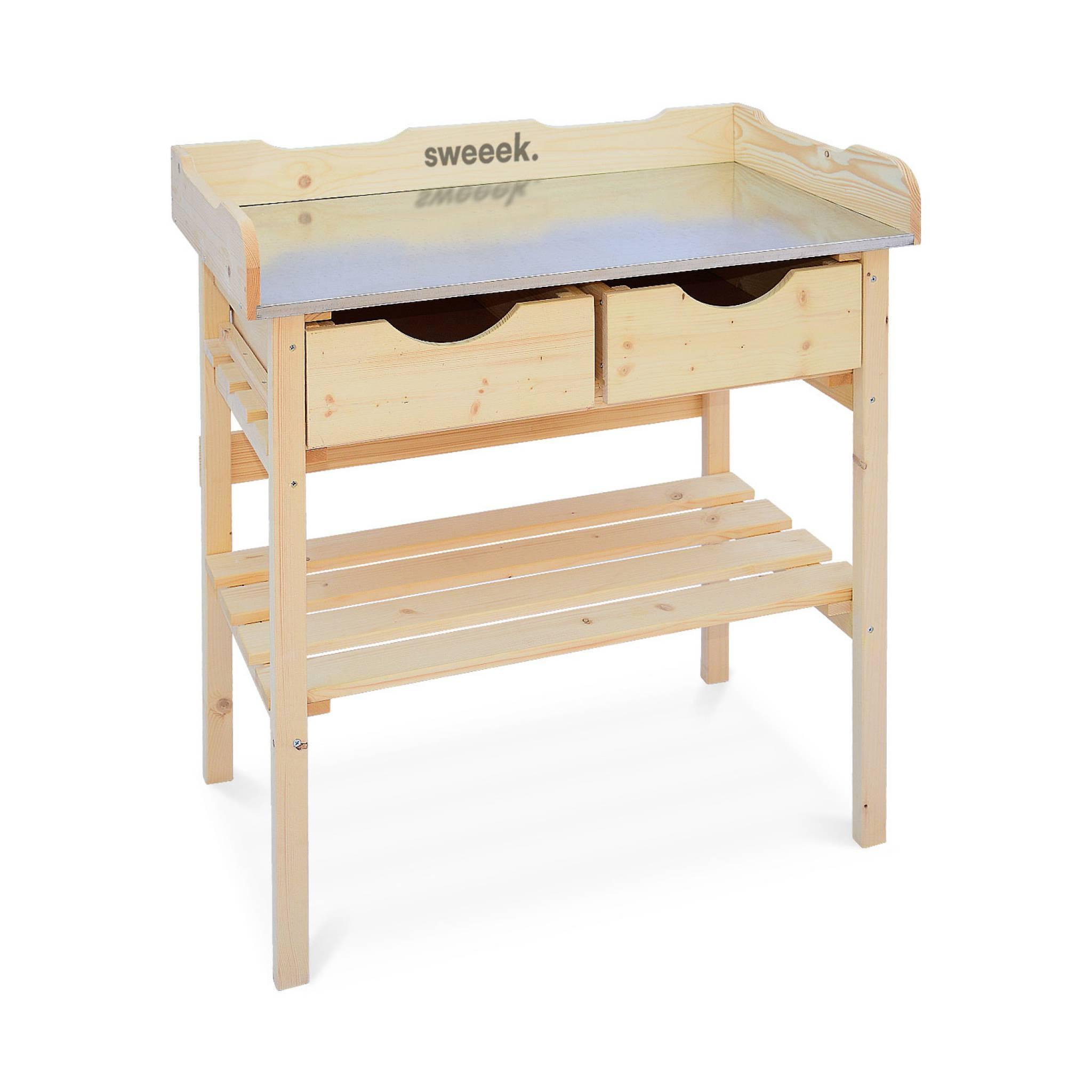 Voir la diapositive 2 : SWEEEK Table de rempotage PETUNIA avec 2 tiroirs. établi extérieur en bois. table pour semis
