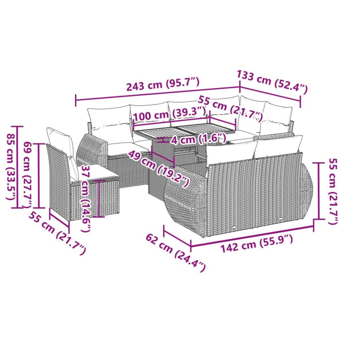 VIDAXL Salon de jardin avec coussins 9 pcs beige resine tressee