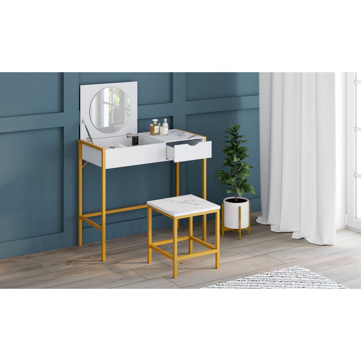 Coiffeuse avec miroir rabattable et tabouret effet marbre BELLE