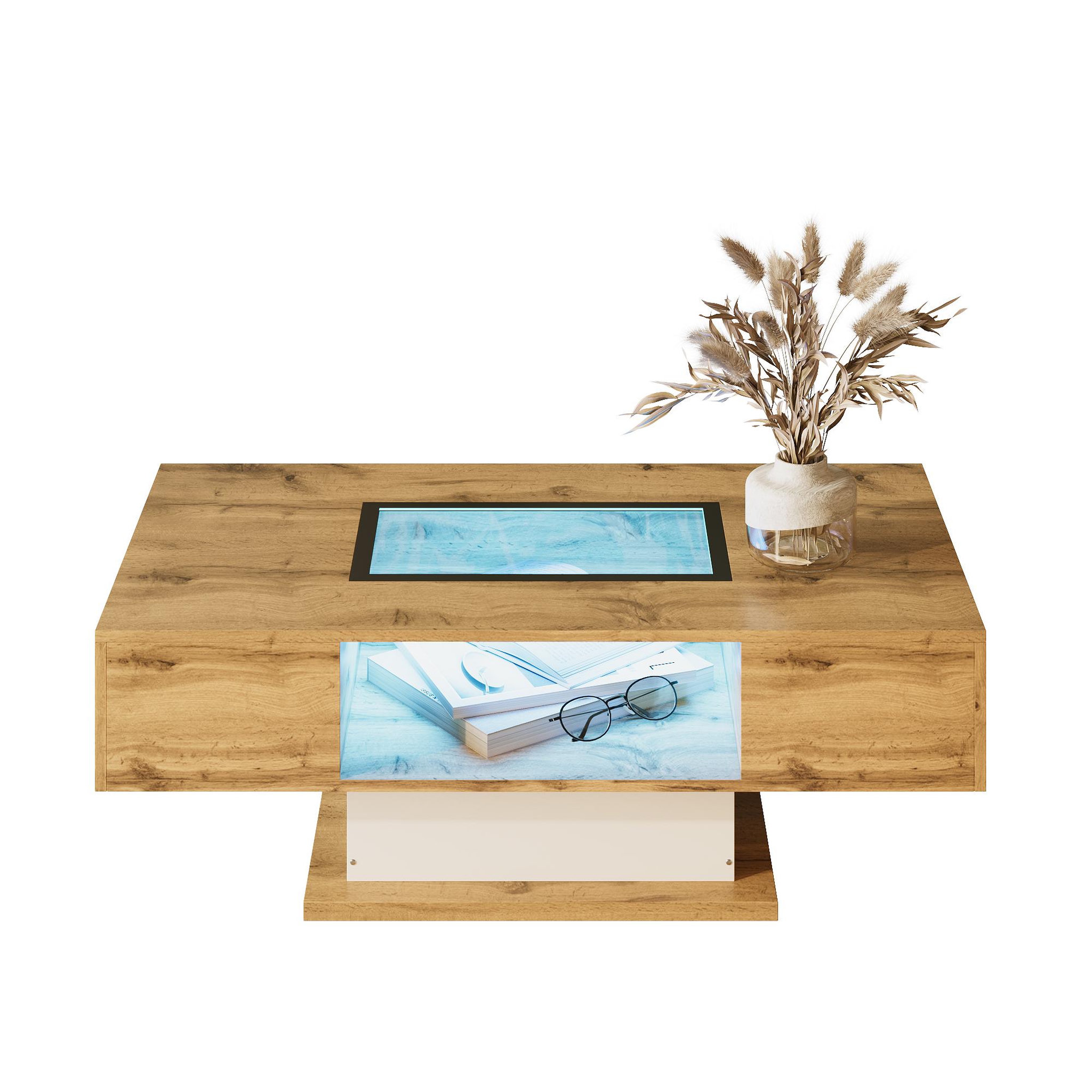 MERAX Table Basse Avec 2 Tiroirs, 1 Nich Et LED