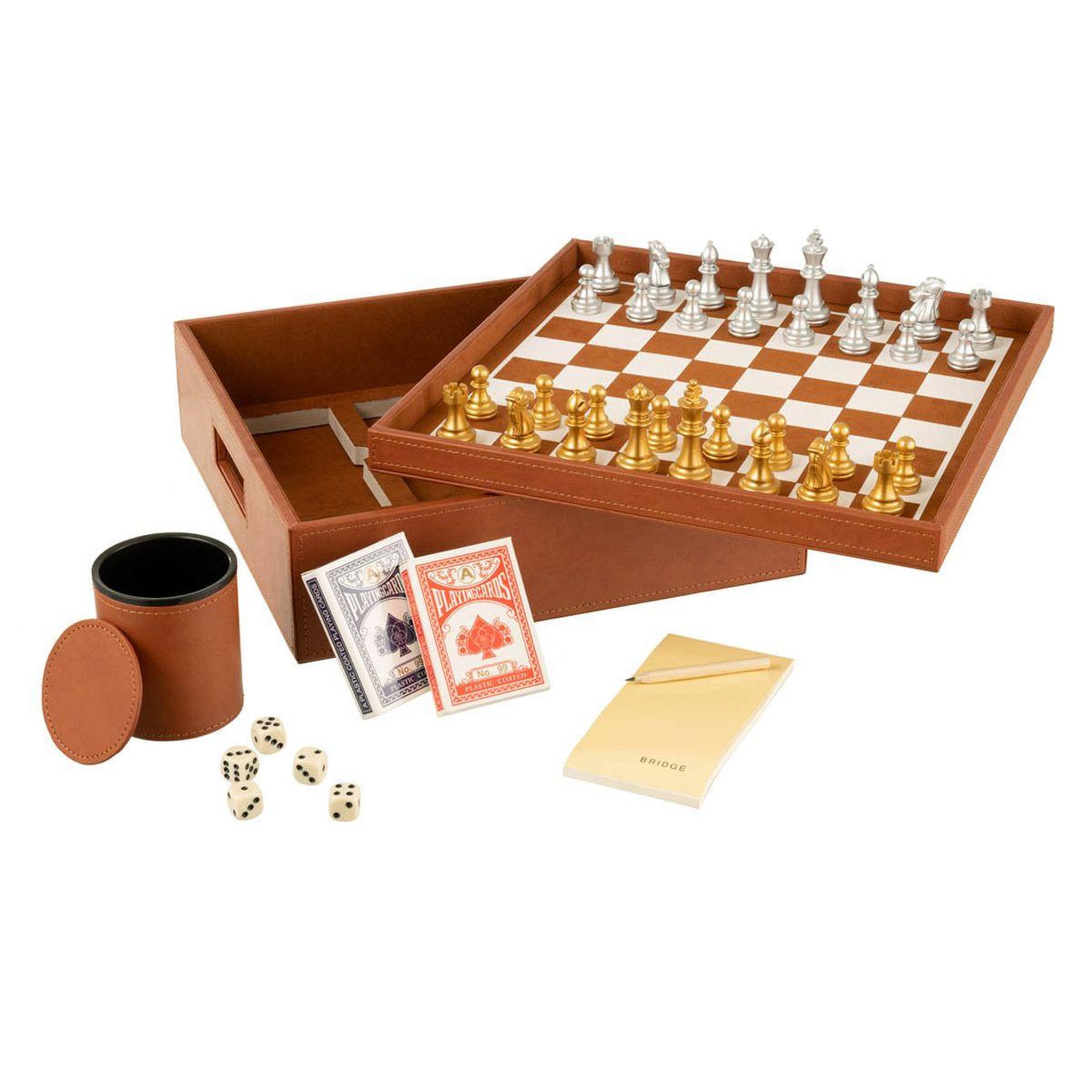 J-LINE Boîte jeux de cartes & échiquier  ezra  35cm cognac
