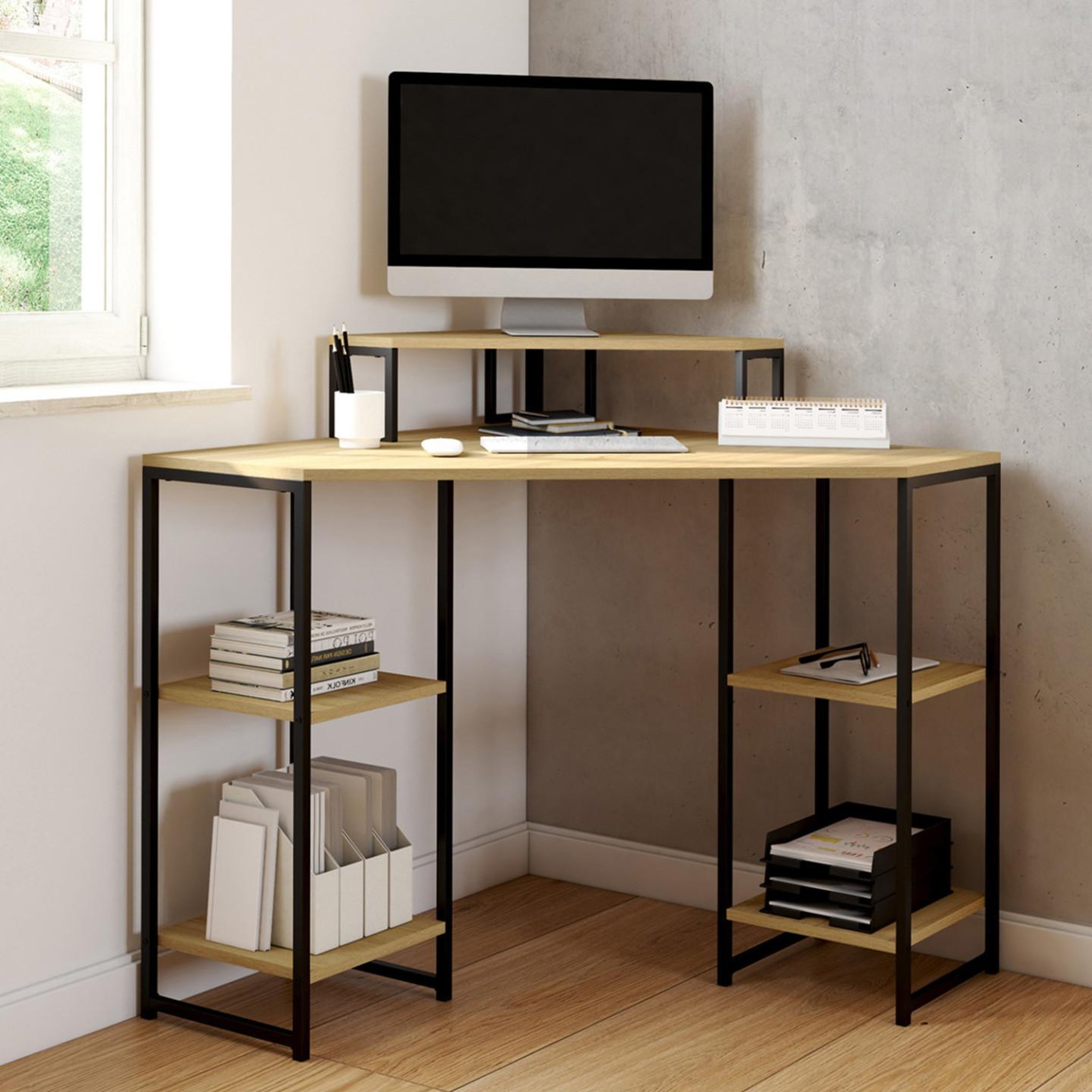 Voir la diapositive 2 : ID MARKET Bureau d'angle DETROIT gain de place bureau informatique avec rangements