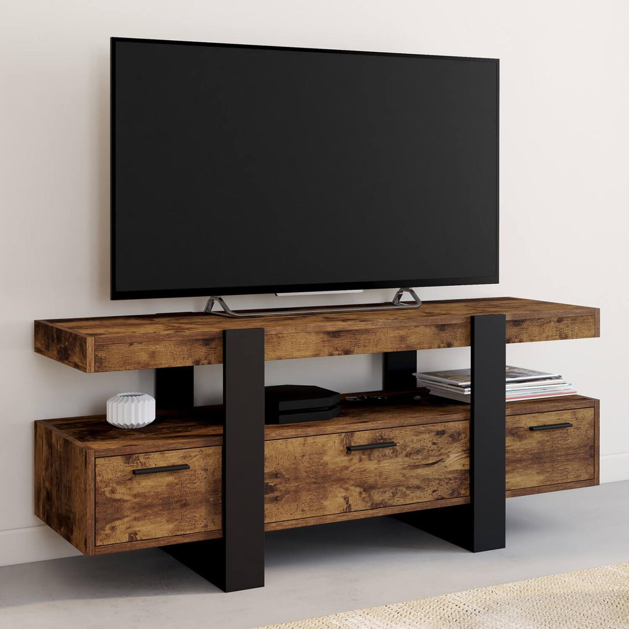 Voir la diapositive 2 : ID MARKET Meuble tv 116 cm phoenix avec tiroirs bois effet vieilli et noir