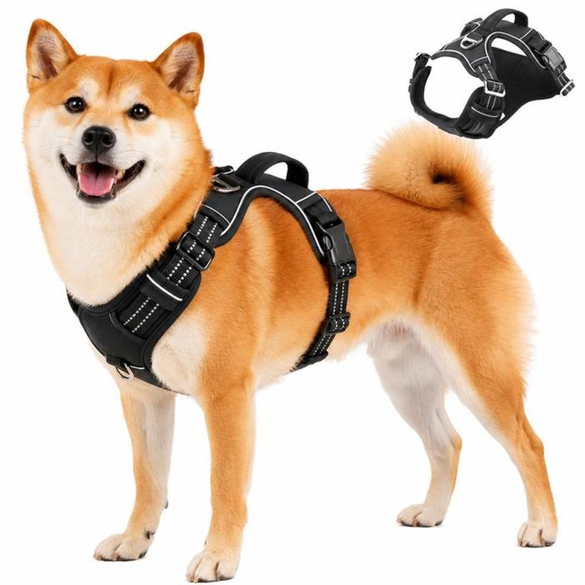 Harnais anti-traction pour chien taille M noir, poignée de contrôle, sangles réglables, anneaux avant et arrière, éléments réfléchissants