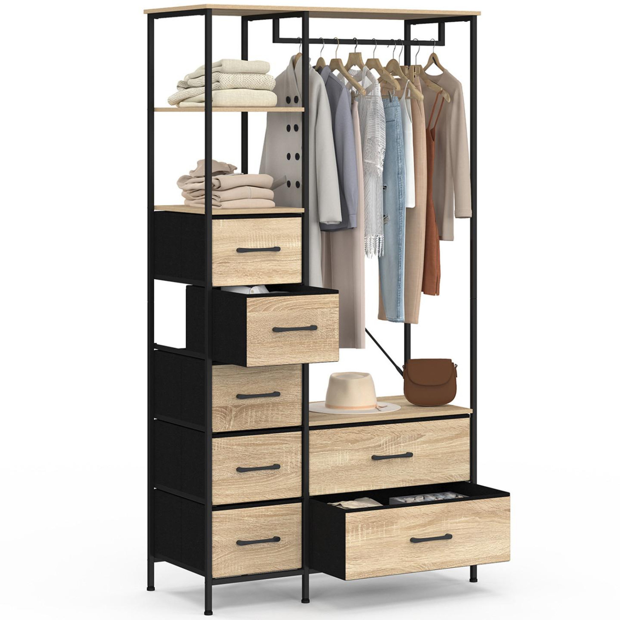 Voir la diapositive 1 : ID MARKET Dressing penderie + colonne L. 90 cm UTAH avec 1 étagère et 7 bacs en tissu bois et noir