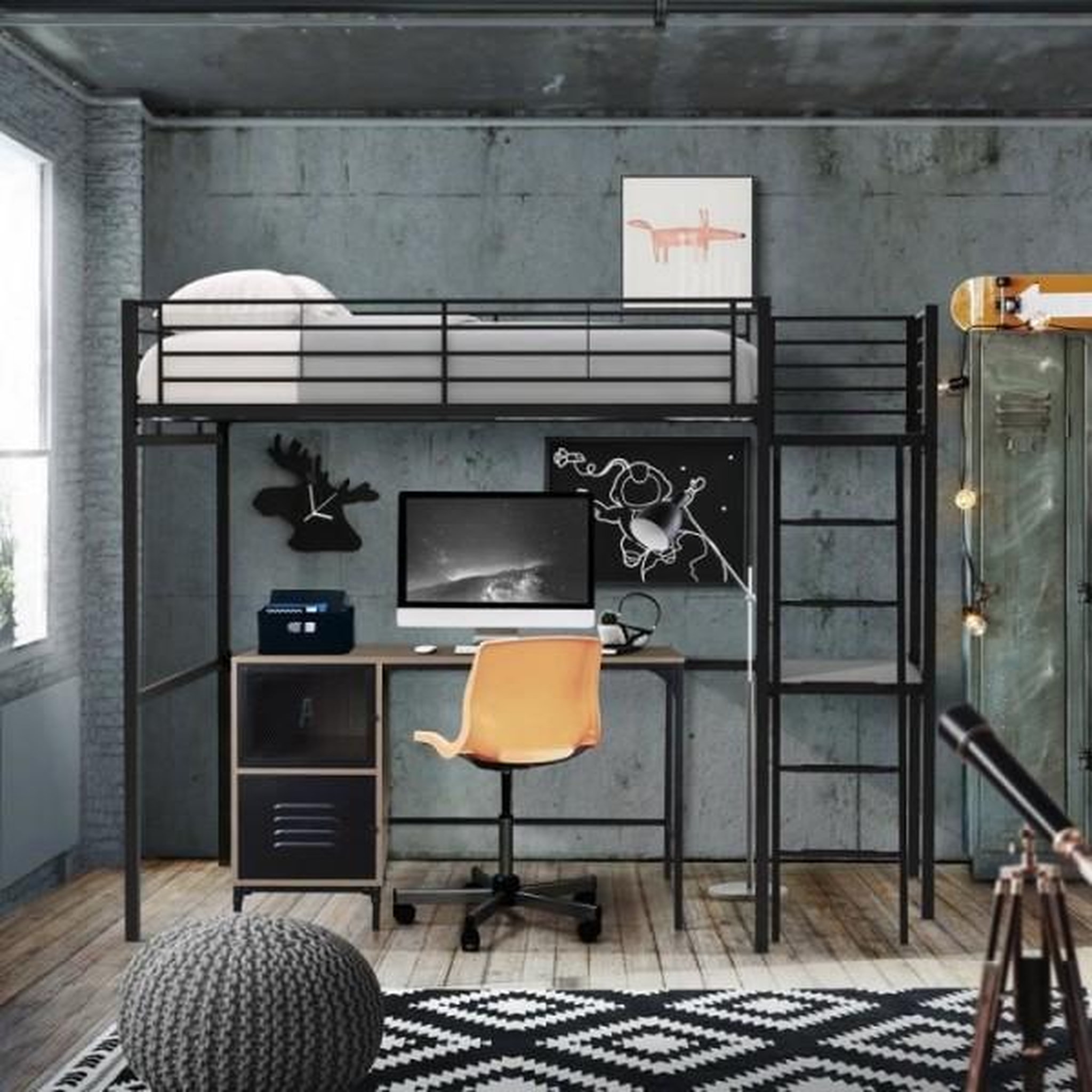 Voir la diapositive 2 : MARKET24 Lit mezzanine avec bureau en métal époxy - Noir - Sommier inclus - 140x190 cm - OXFORD