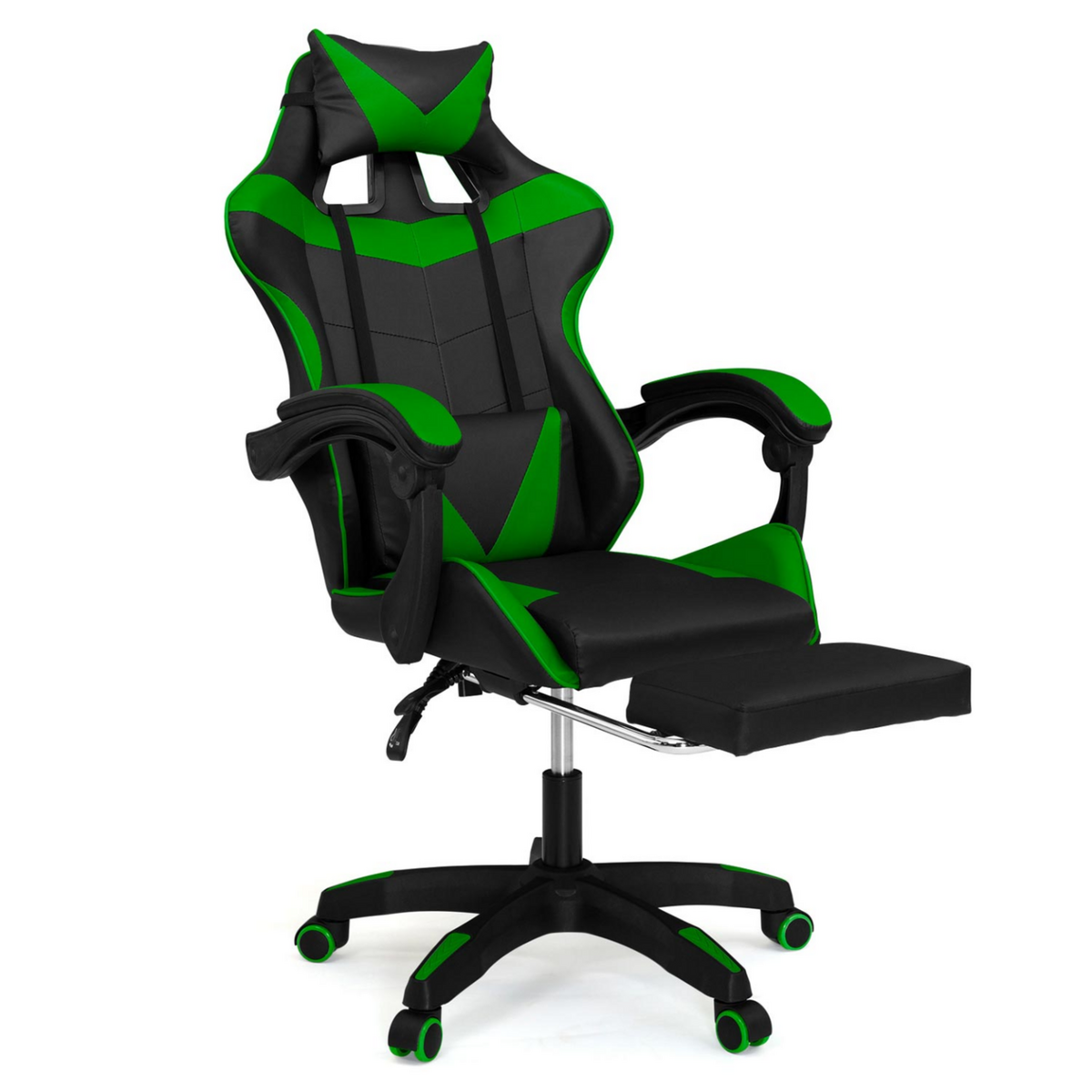 ID MARKET Fauteuil de gaming ALEX réglable avec repose-pied, coussin de tête et coussin lombaire noir et vert