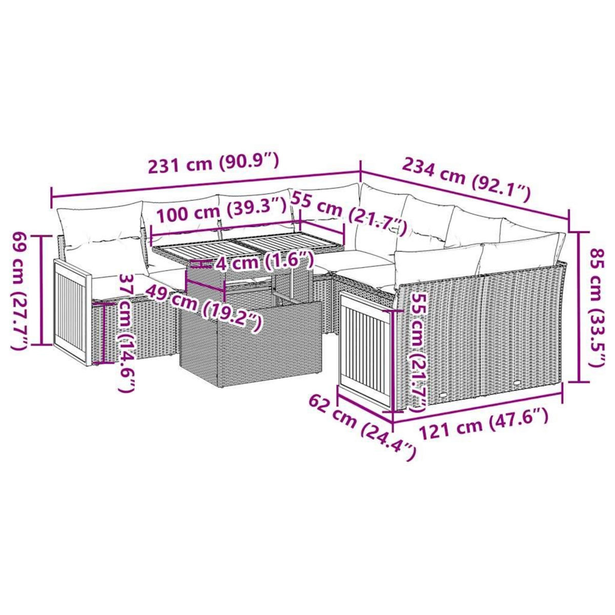 VIDAXL Salon de jardin avec coussins 9 pcs gris resine tressee acacia