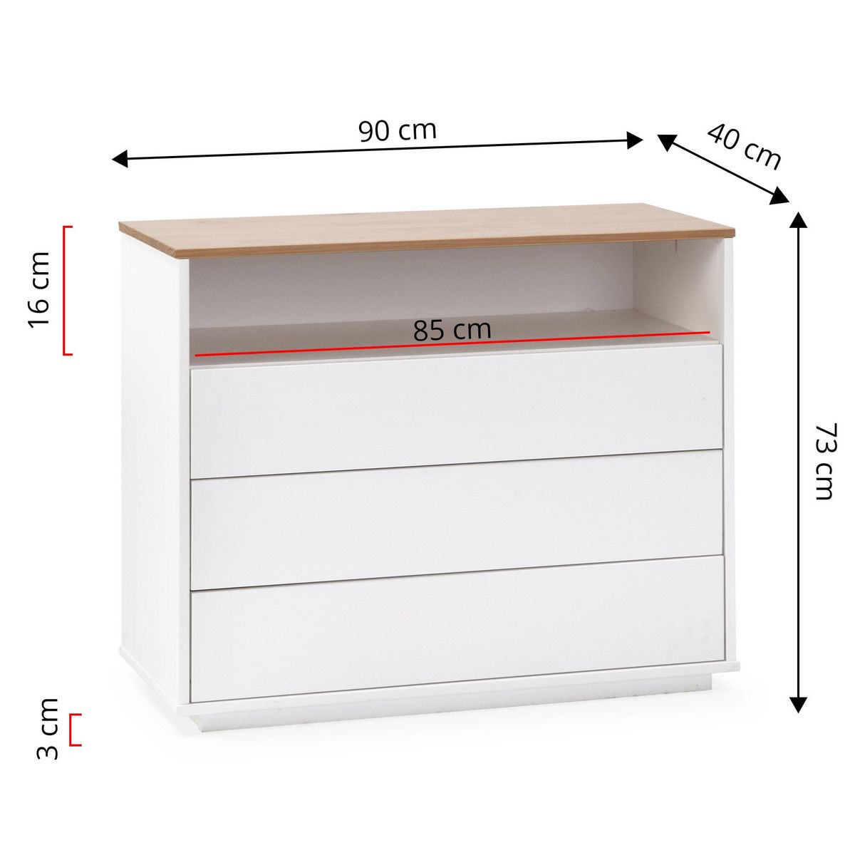 VS VENTA-STOCK Commode Bob 3 tiroirs 1 niche blanc/chêne, bois massif
