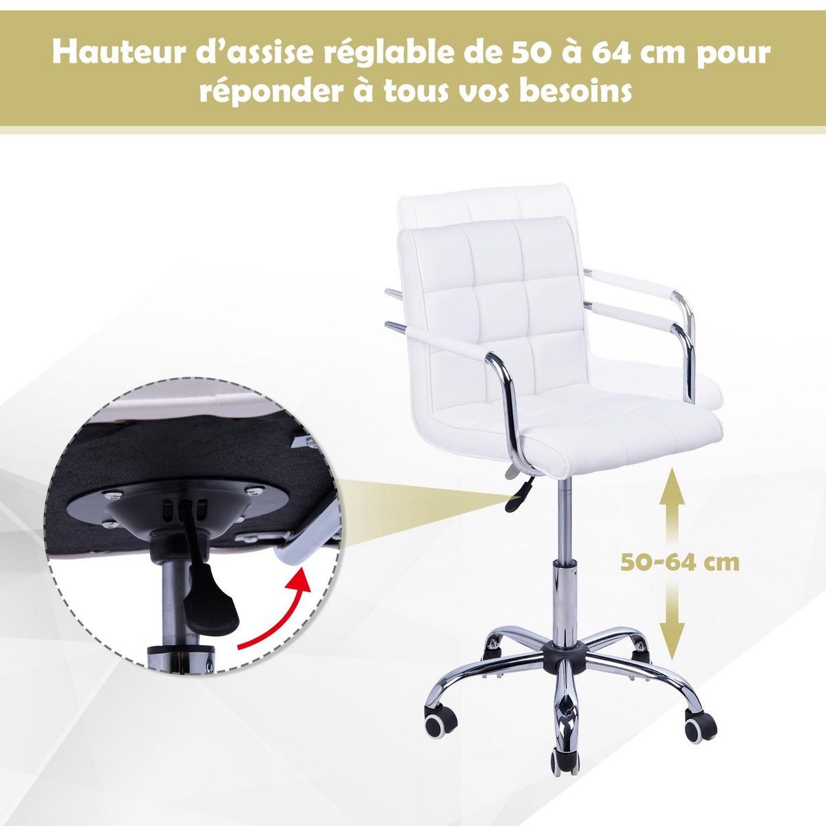 HOMCOM Chaise de bureau fauteuil manager pivotant hauteur réglable revêtement synthétique capitonné blanc
