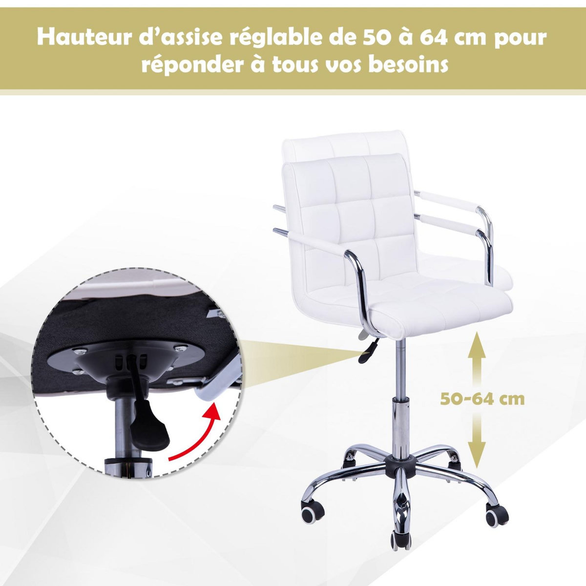 HOMCOM Chaise de bureau fauteuil manager pivotant hauteur réglable revêtement synthétique capitonné blanc