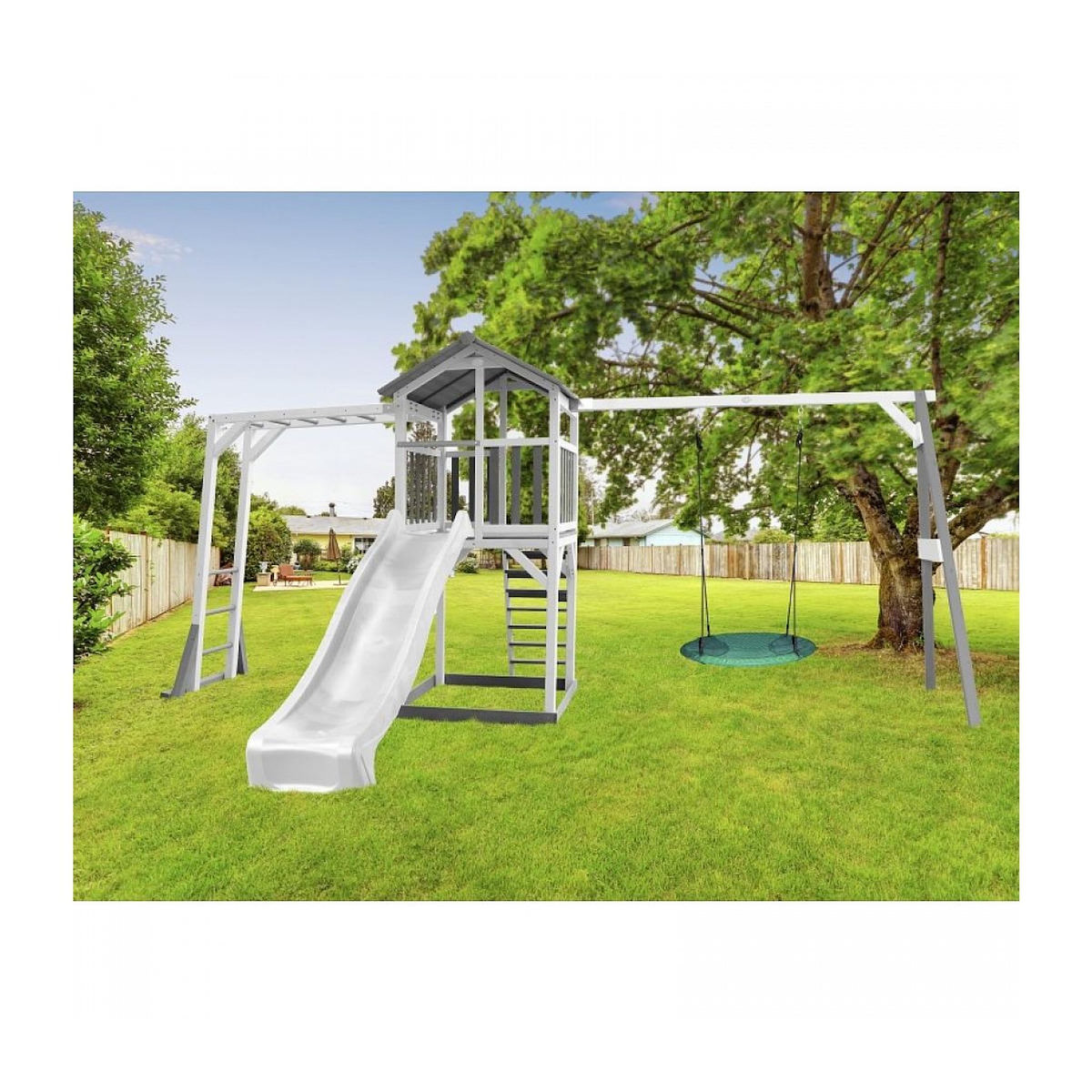Axi House AXI Structure de jeu Beach Tower cadre escalade et balancoire Nid Summer Blanc Gris Toboggan Blanc