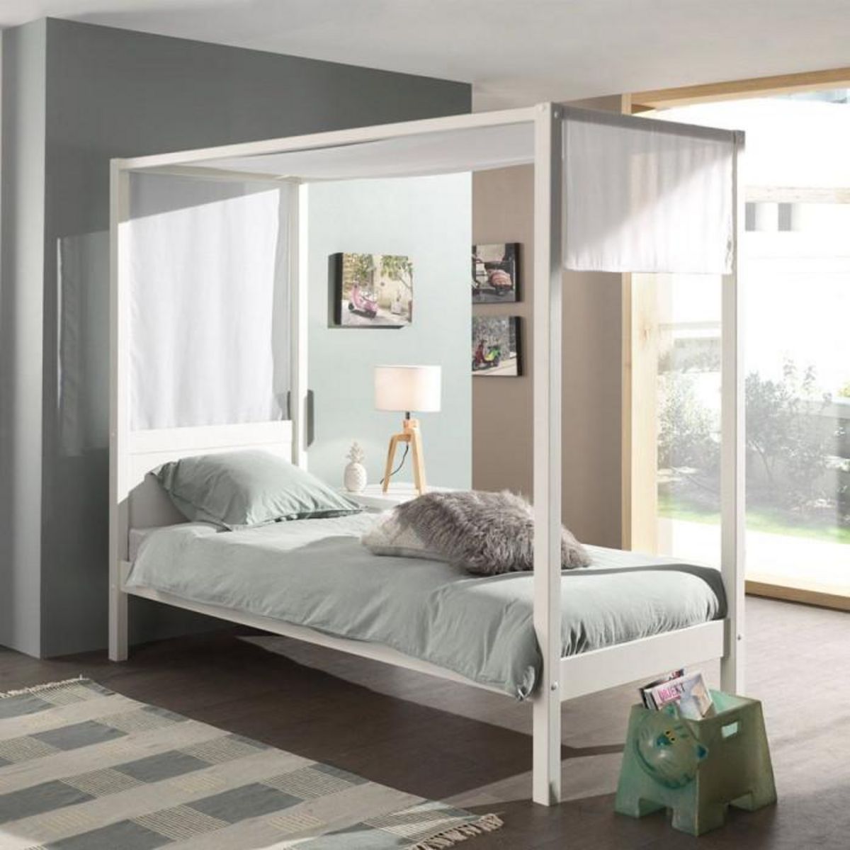 Paris Prix Lit Enfant à Baldaquin & Voile  Pino  90x200cm Blanc