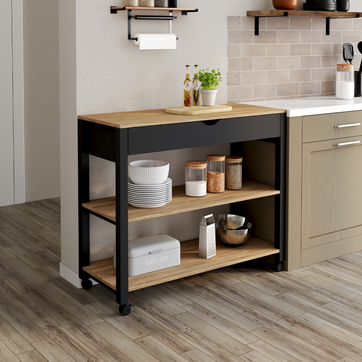 ID MARKET Desserte de cuisine PENH XXL avec tiroir et plan de travail noir plateaux façon hêtre L.100 CM