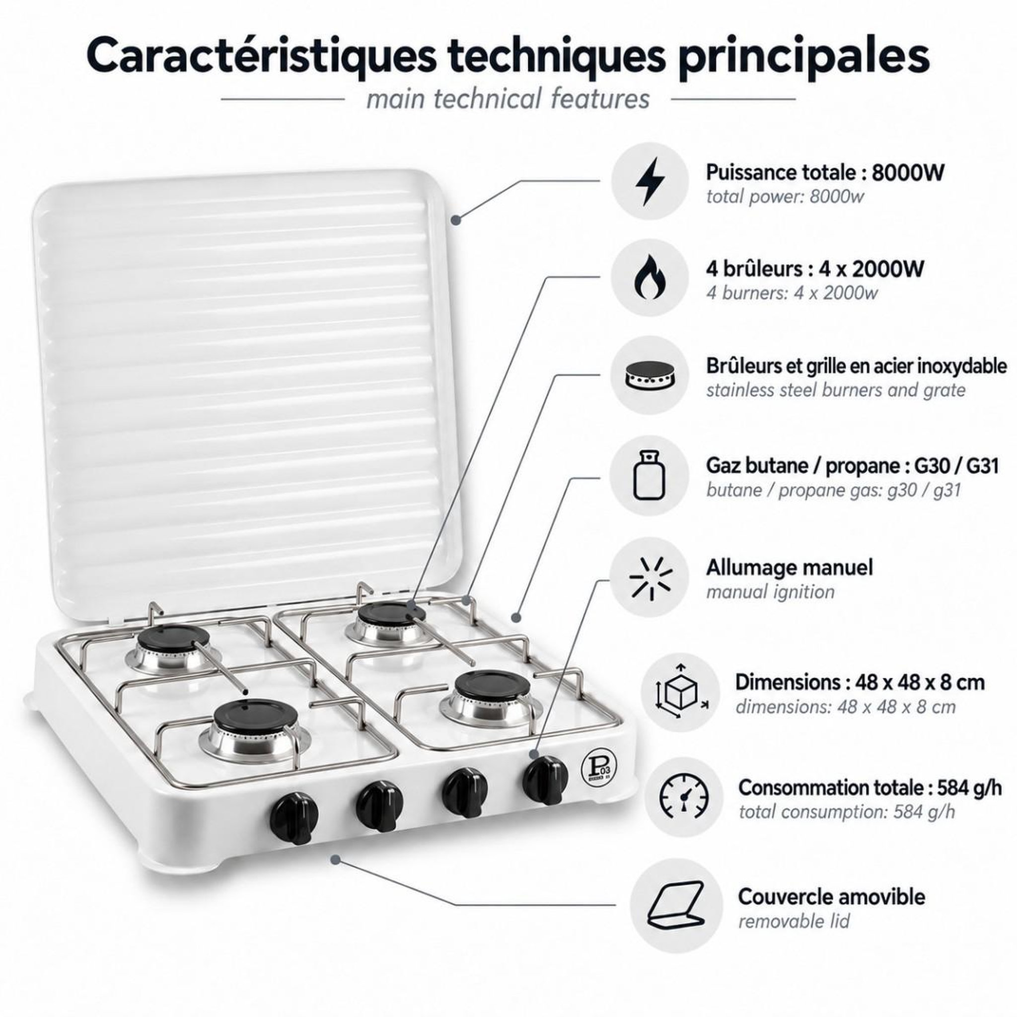 Voir la diapositive 2 : INTEC Plaque de cuisson gaz 4 feux 8000W Réchaud à gaz portable Blanc Gaz Butane ou Propane Bruleurs grille Acier amovibles INTEC