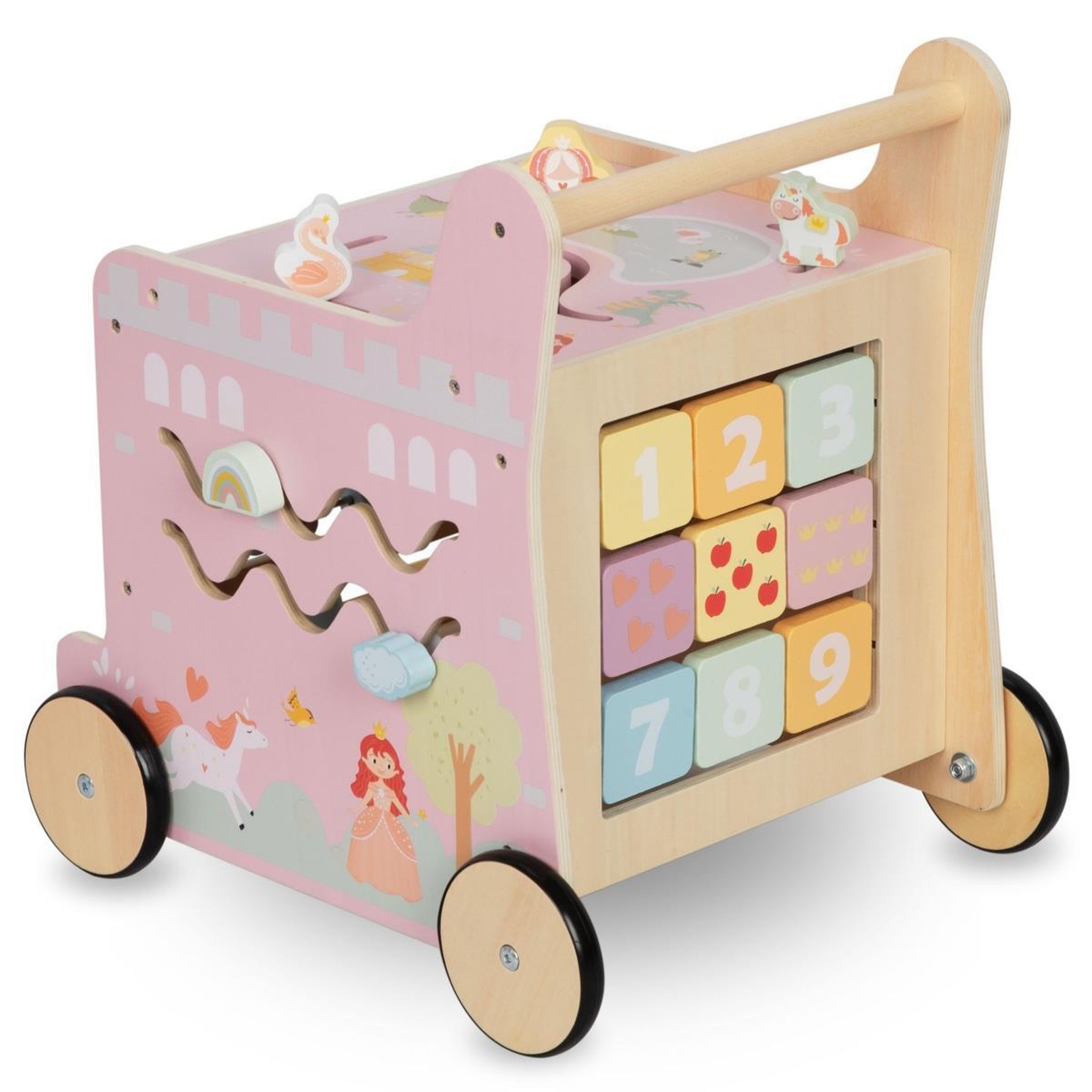 Voir la diapositive 6 : MAMABRUM Trotteur en Bois 2-en-1 Rose avec Cube Éducatif et Activités d'Éveils-