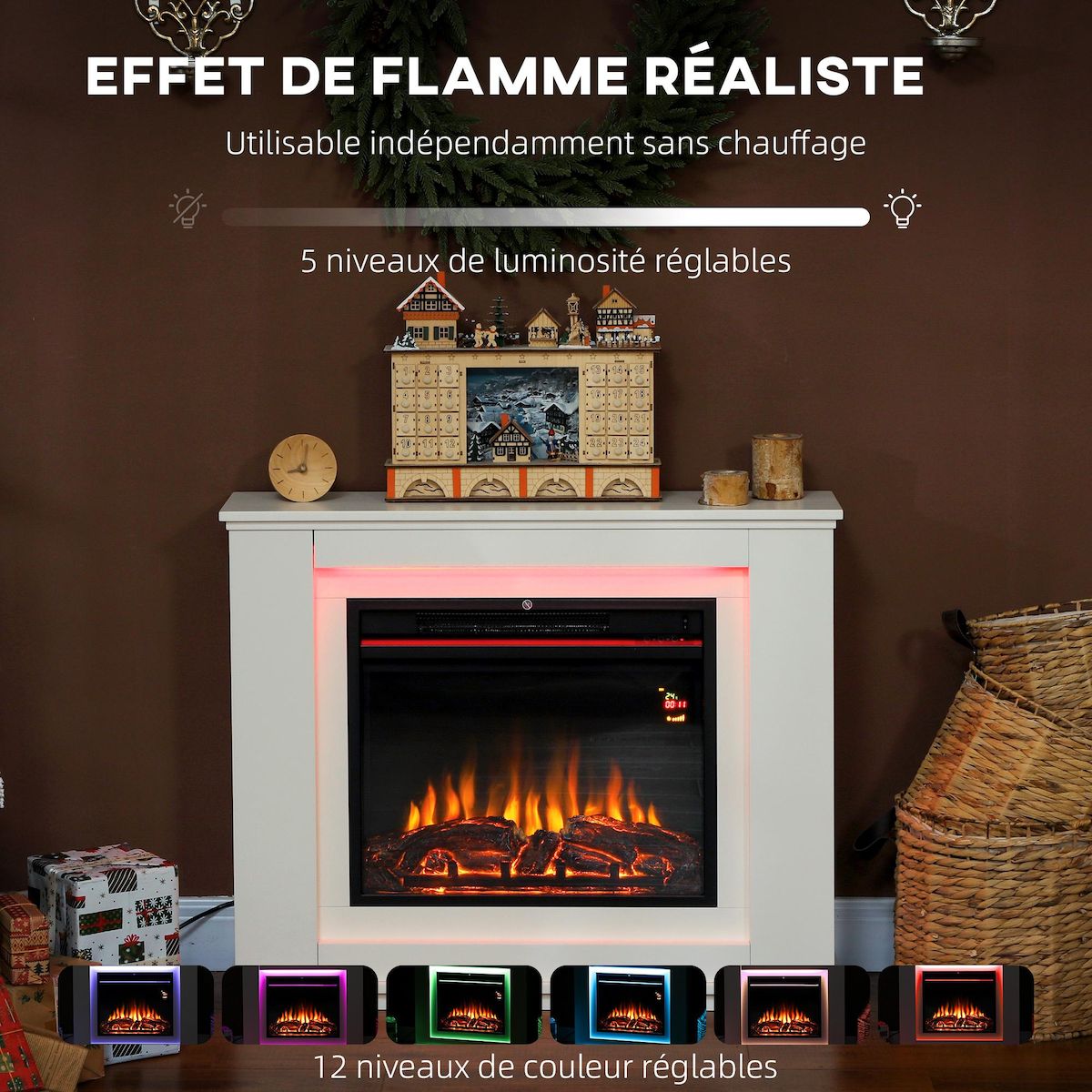 HOMCOM Cheminée électrique design LED multicolore grande taille 98 x 25 x 80 cm 2000W télécommande blanc