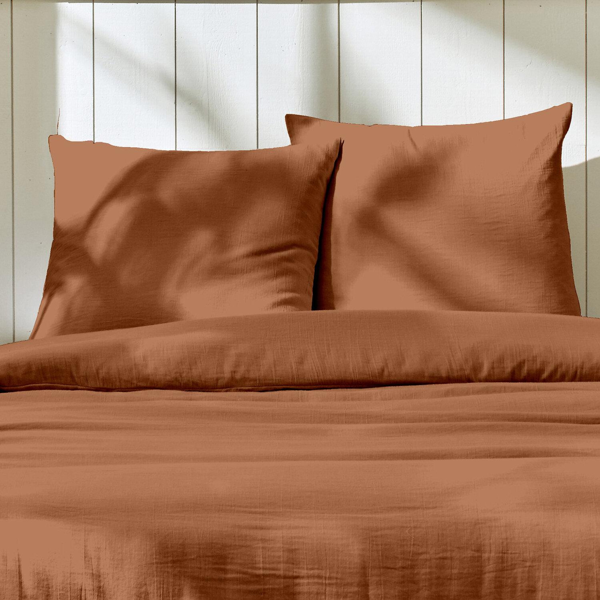 Voir la diapositive 3 : Home collection Parure housse de couette en gaze de coton - rose