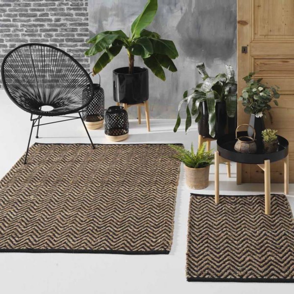 Paris Prix Tapis Déco en Jute  Zigzag  60x90cm Noir & Beige