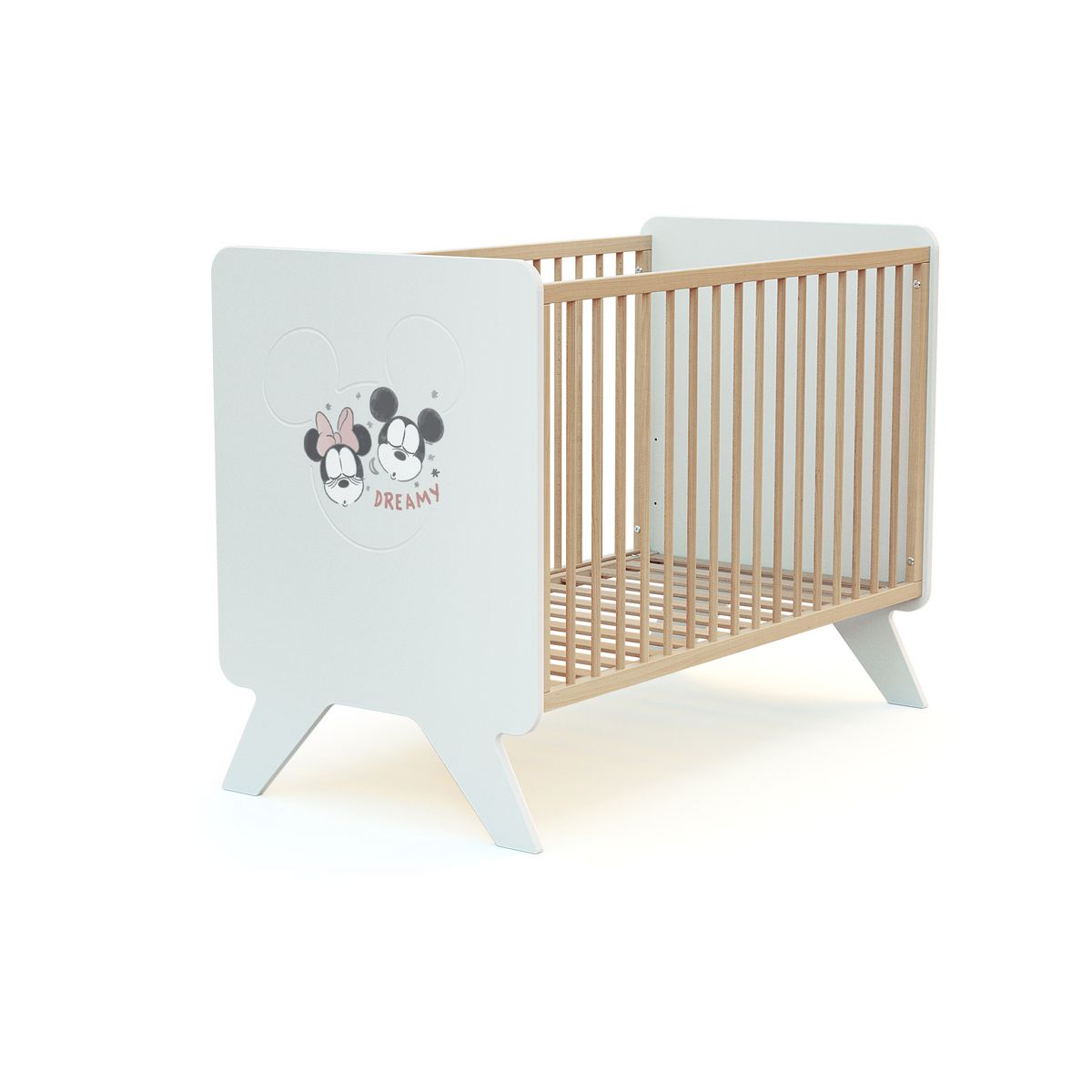 AT4 Lit bébé 60x120 cm MICKEY ET MINNIE DISNEY Blanc et Hêtre