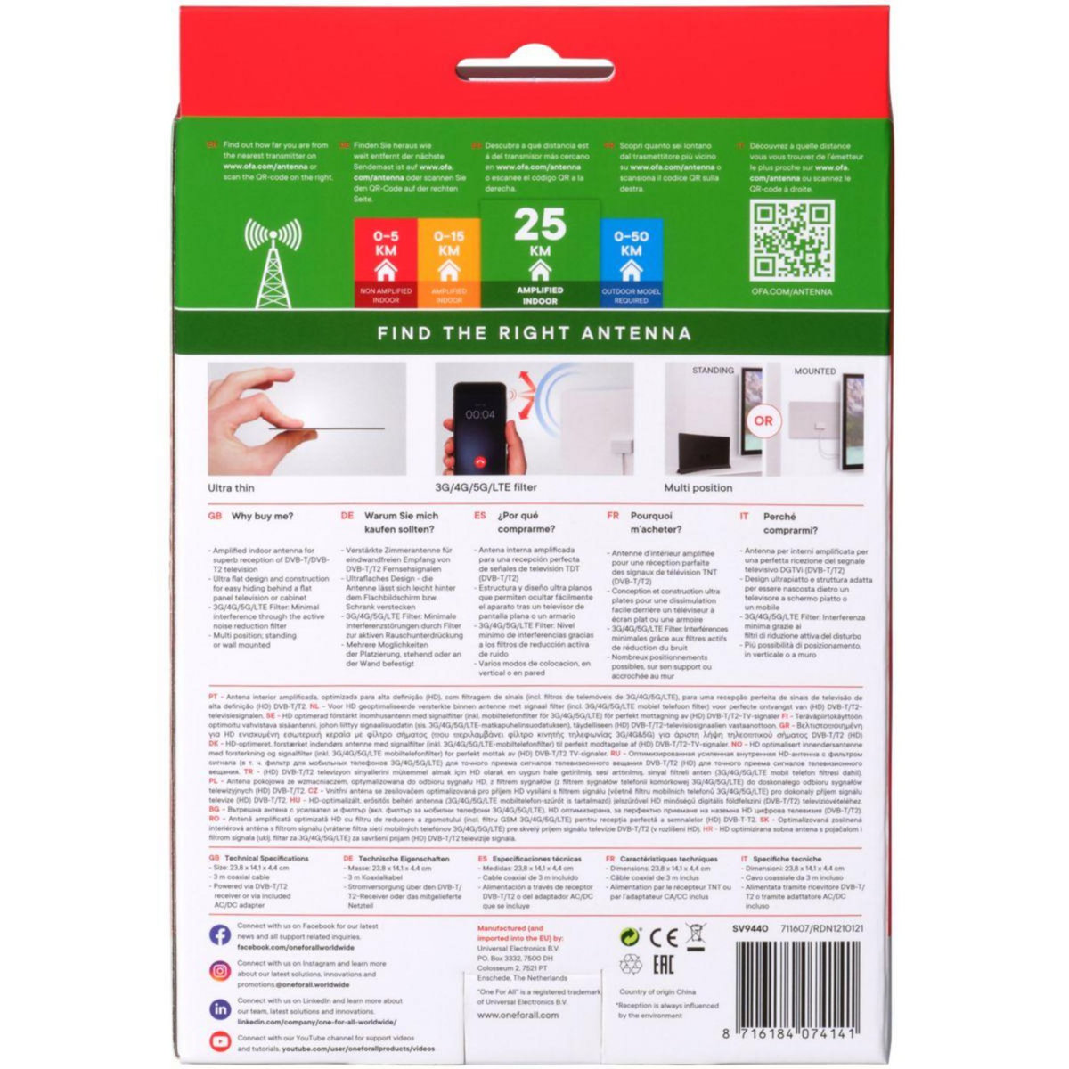 One For All Antenne intérieure SV9440 filtre 5G