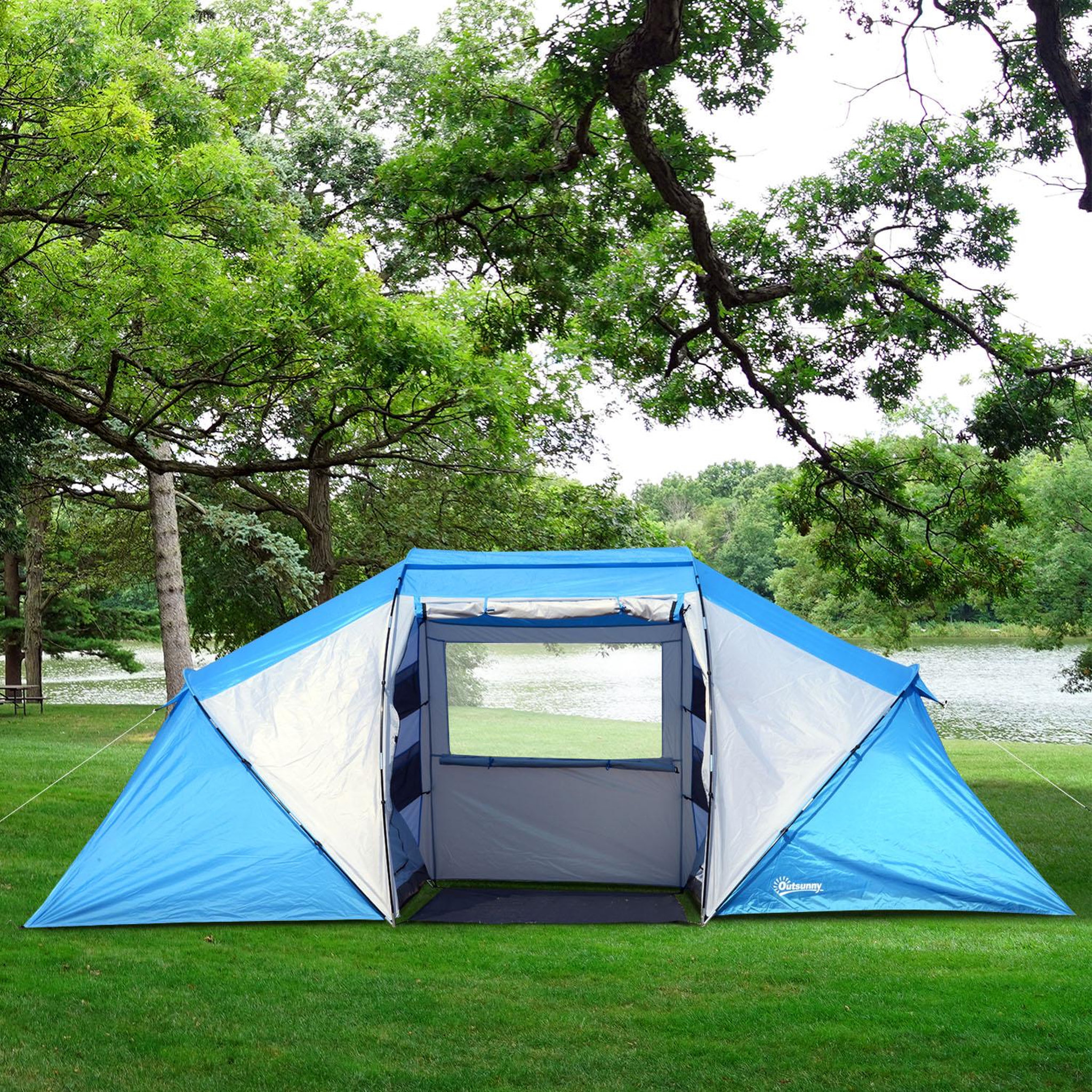 Voir la diapositive 4 : OUTSUNNY Tente de camping familiale 4-6 personnes 2 cabines fenêtre grande porte 4,3l x 2,4l x 1,7h m bleu blanc