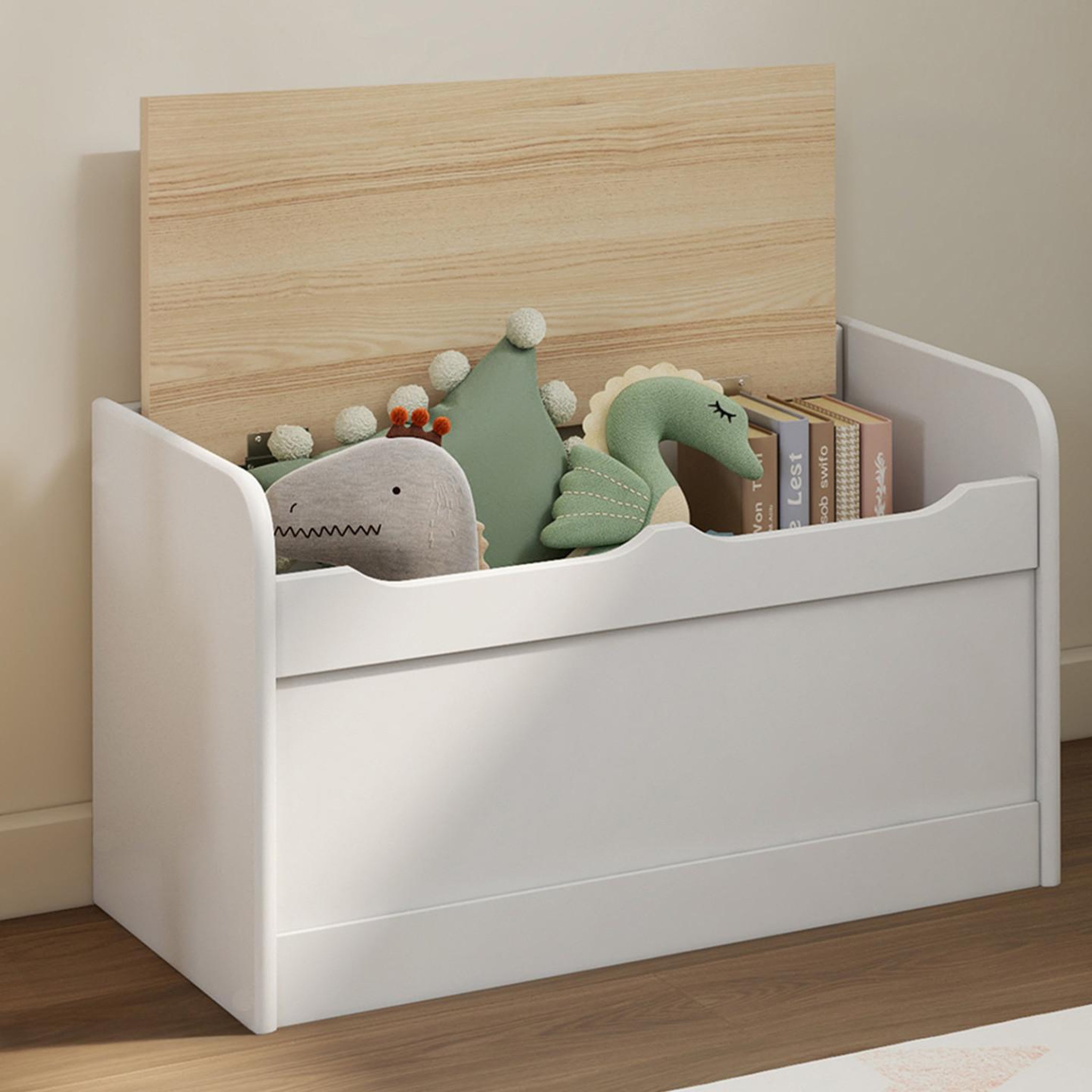 Voir la diapositive 4 : ID MARKET Banc coffre de rangement enfant logan 60 cm en bois blanc et hêtre