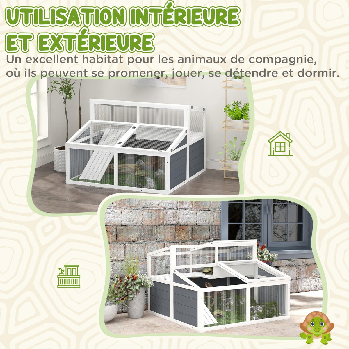 PAWHUT Terrarium enclos tortue 2 espaces toit polycarbonate 3 portes rampe bois gris blanc