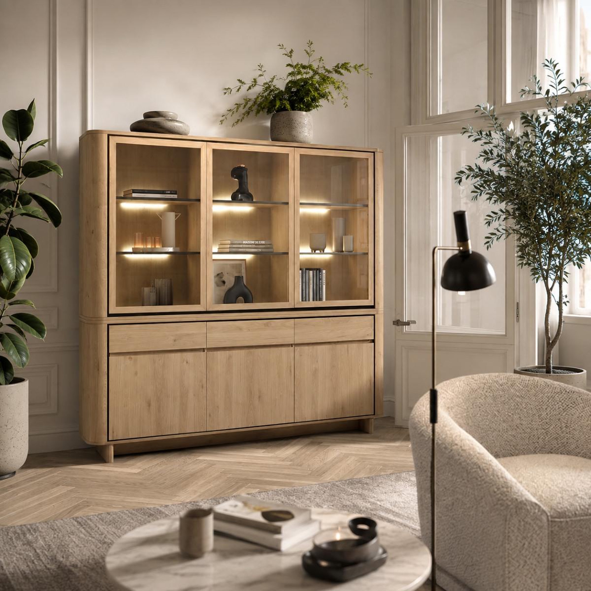 Voir la diapositive 2 : JLC KREATION Vaisselier arrondi en bois 3 portes vitrées igor