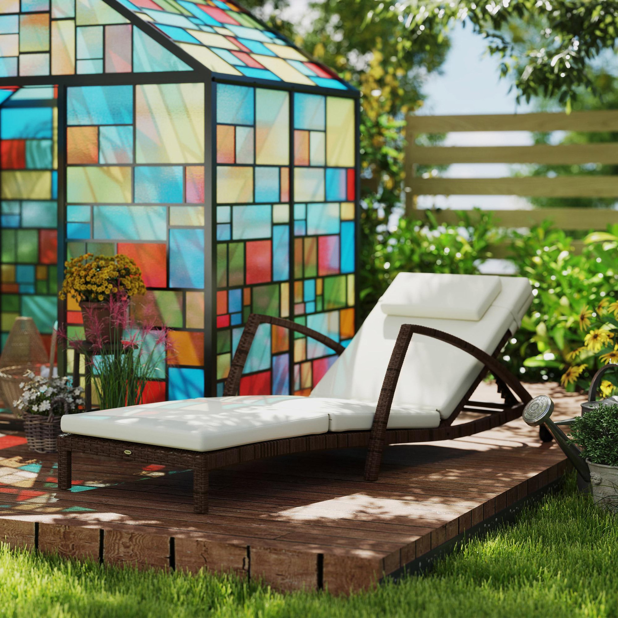 Voir la diapositive 4 : OUTSUNNY Bain de soleil transat style colonial résine tressée - inclinable, 2 roulettes, accoudoirs - matelas tétière beige