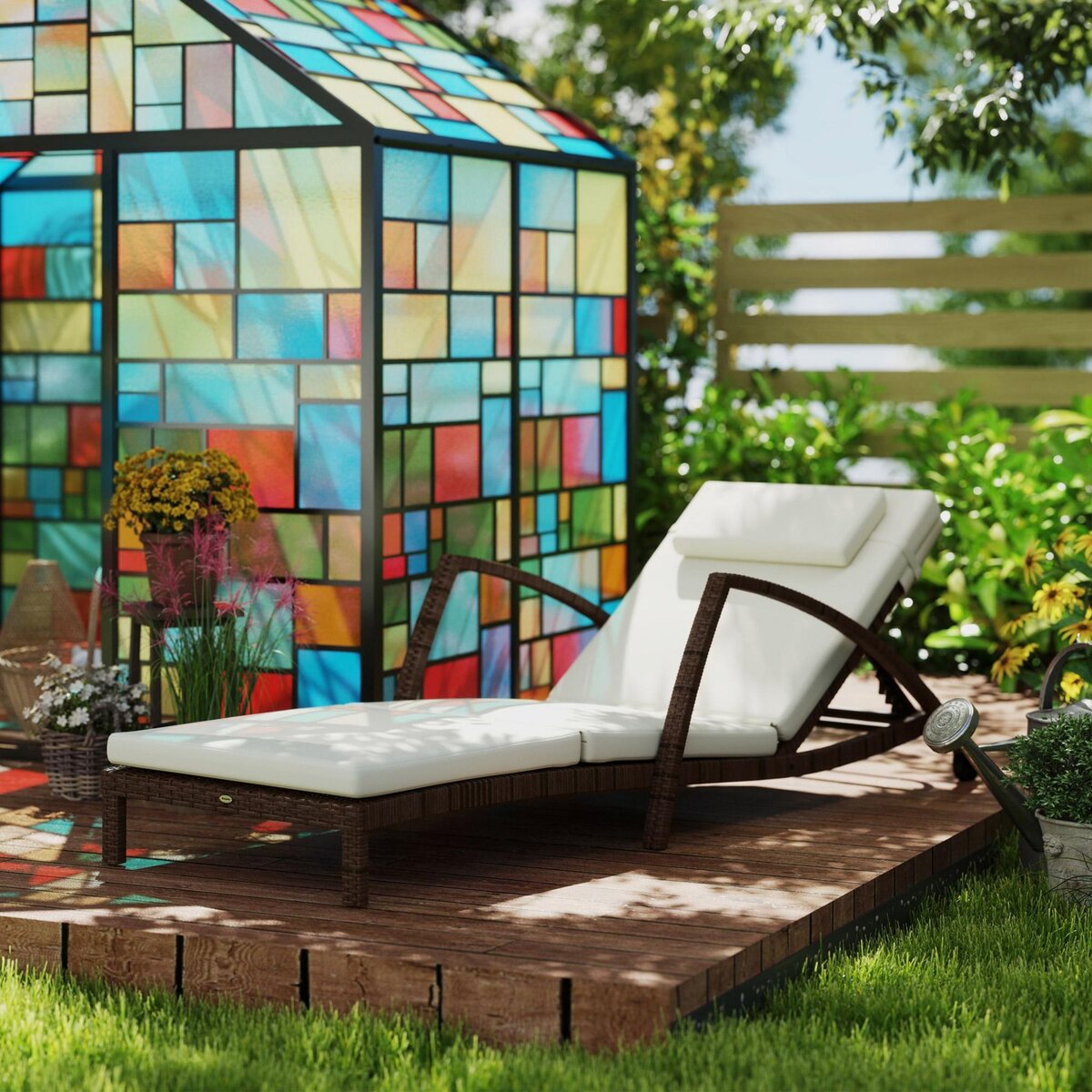 OUTSUNNY Bain de soleil transat style colonial résine tressée - inclinable, 2 roulettes, accoudoirs - matelas tétière beige