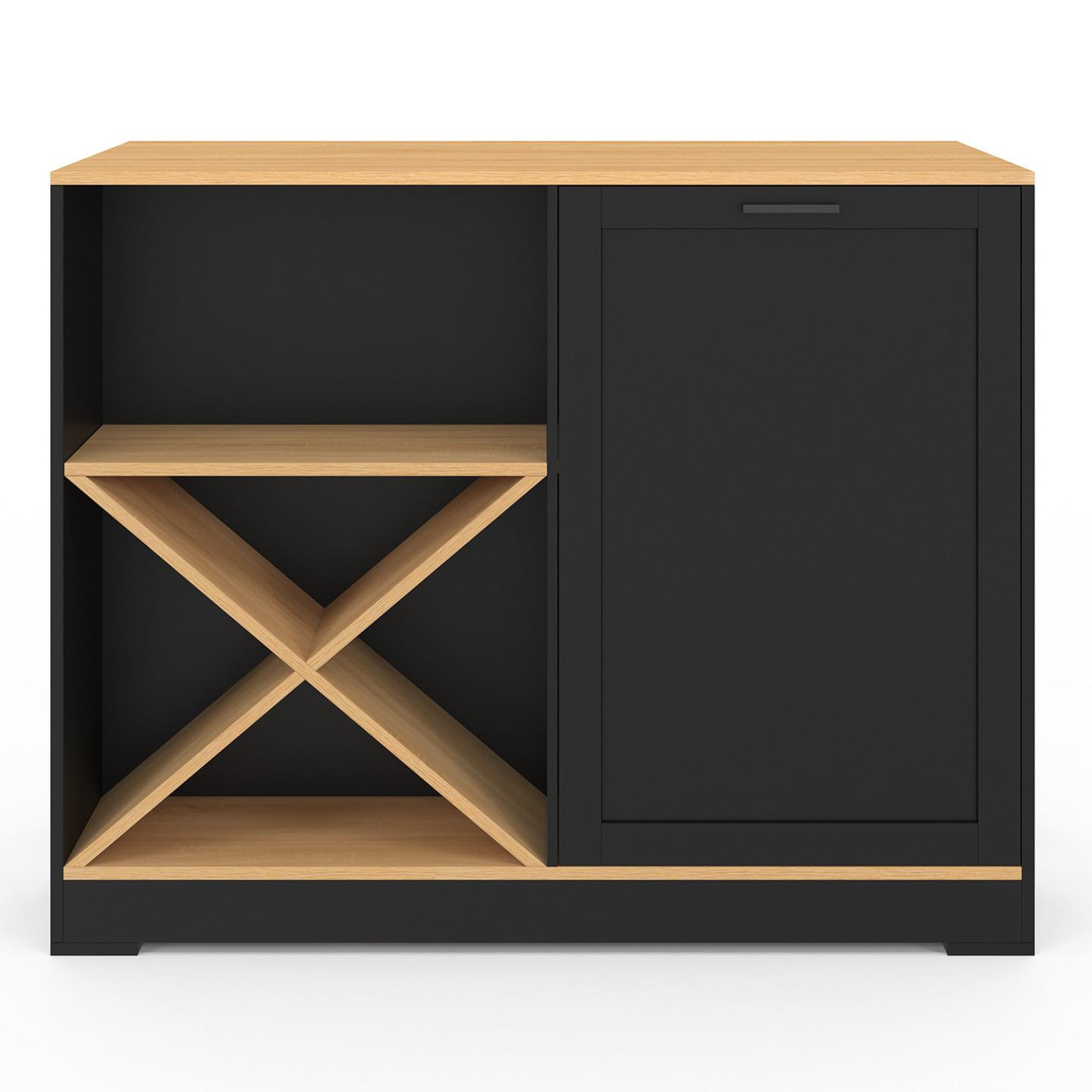 Voir la diapositive 3 : ID MARKET Table de bar îlot vito 113 cm avec range bouteilles bois noir et plateau façon hêtre