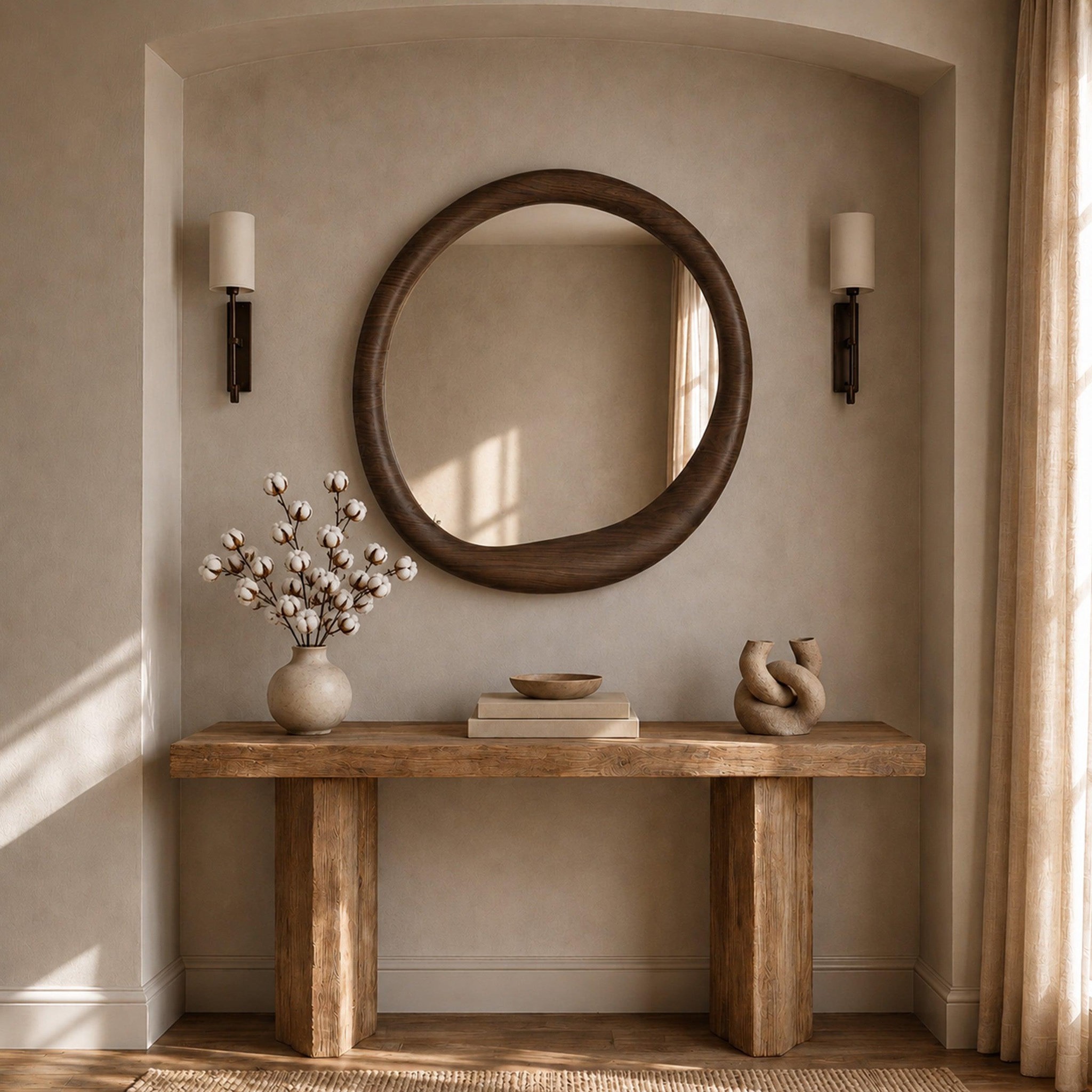 Voir la diapositive 5 : MAISON PAVANE Miroir rond en placage noyer, d100 cm-yoko