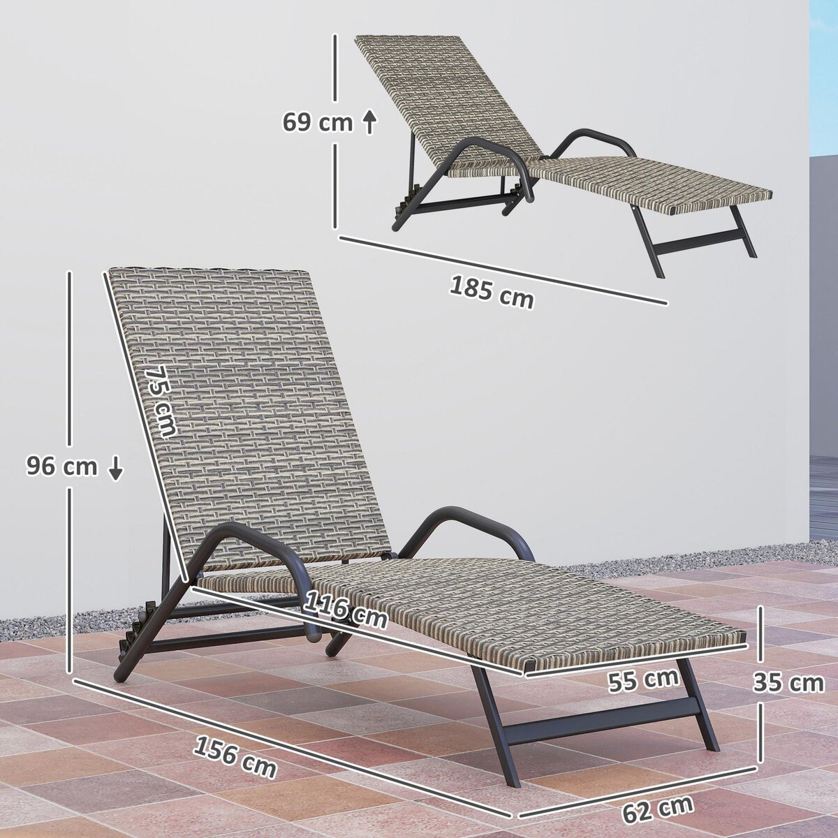 OUTSUNNY Bain de soleil inclinable réglable en résine tressée beige brun accoudoirs structure noir