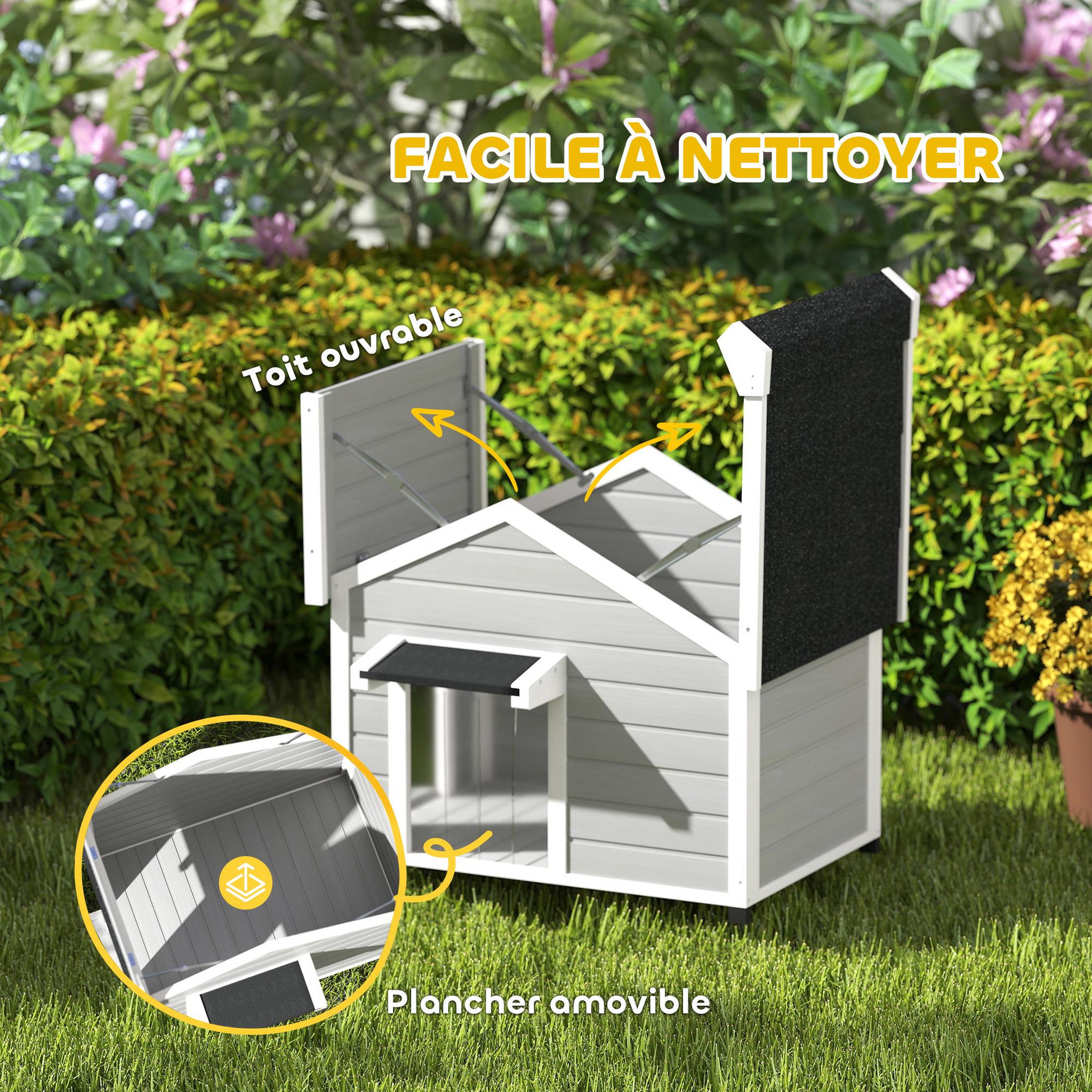 Voir la diapositive 5 : PAWHUT Niche chien sur pied design cottage - toit bitumé ouvrant, 2 portes, rideau à lanières - bois blanc gris