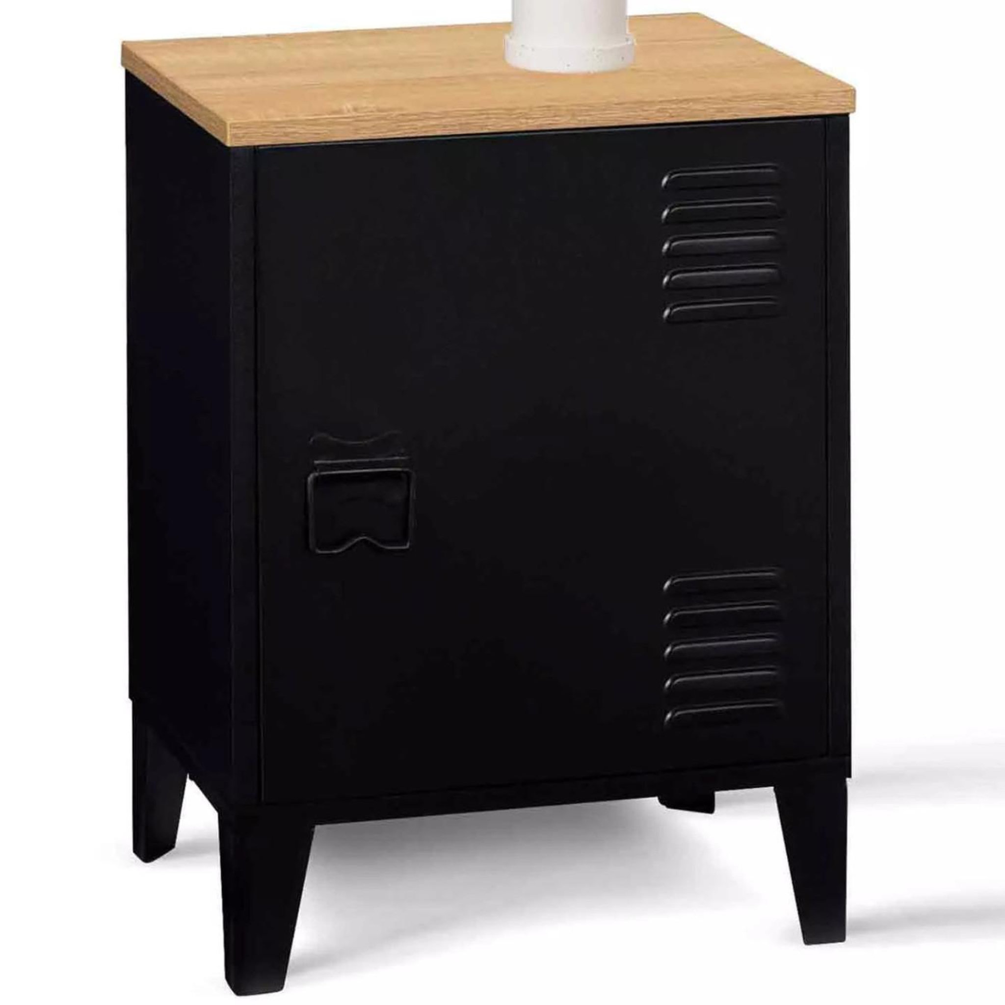 ID MARKET Table de chevet ester 1 porte métal noir plateau façon hêtre design industriel