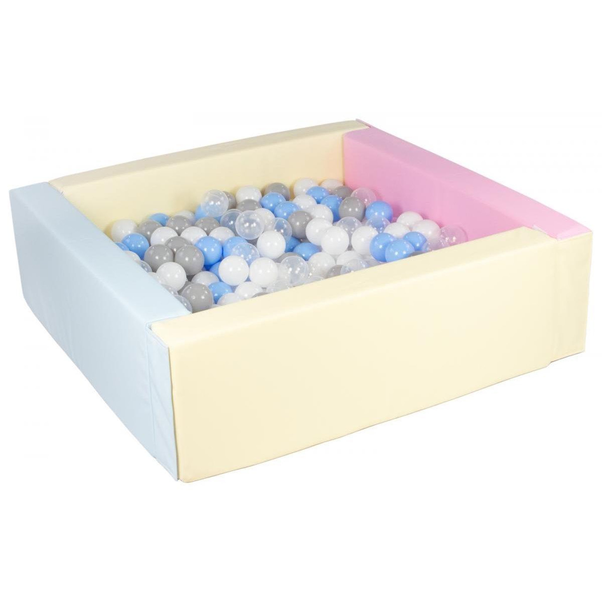 VELINDA Piscine à balles carrée avec 300 balles - rose, bleu, jaune p/blanc, transparent, bleu clair, gris