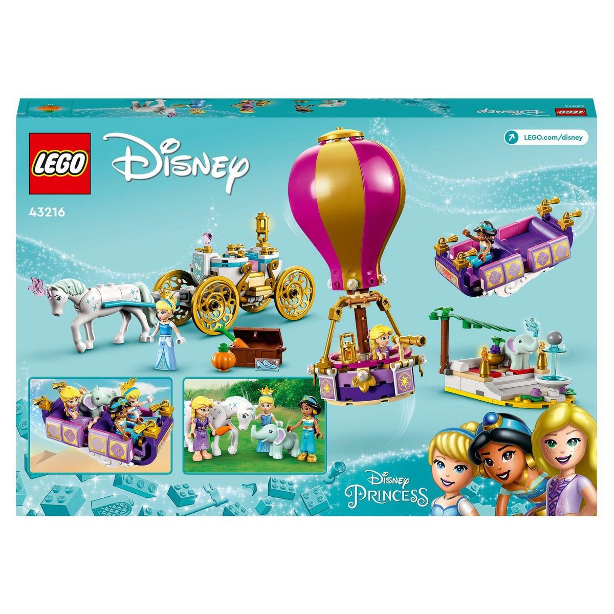 LEGO Disney Princess 43216 Le voyage enchanté des princesses, Jouet avec Mini-Poupées Cendrillon, Jasmine, Raiponce avec Cheval, Tapis volant