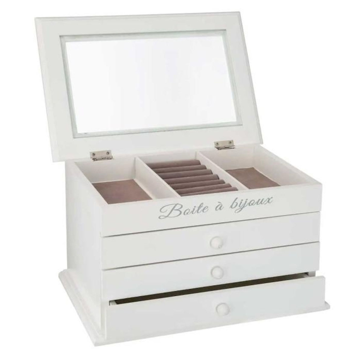 ATMOSPHERA Boîte à Bijoux Vitrée 3 Tiroirs  Charme  25cm Blanc