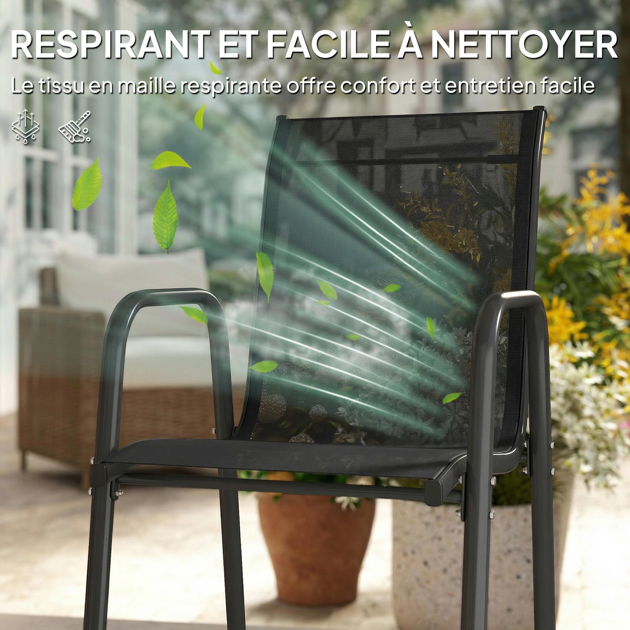 Voir la diapositive 5 : OUTSUNNY Lot de 4 chaises de jardin empilables métal textilène noir