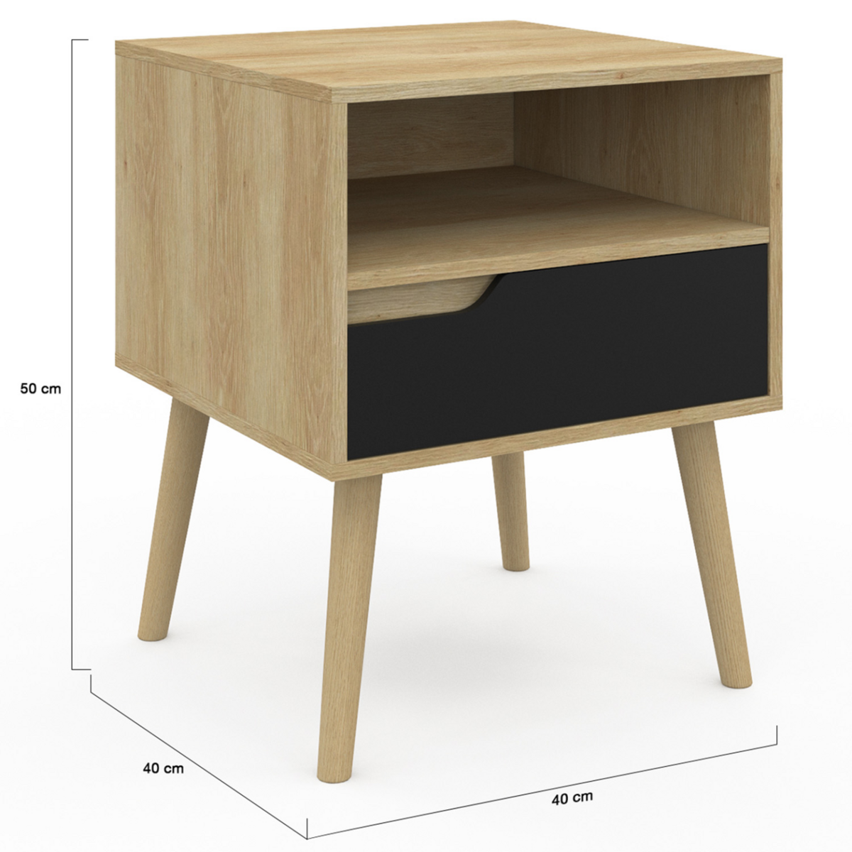 ID MARKET Lot de 2 tables de chevet HELSINKI scandinaves 1 tiroir avec niche effet hêtre et noir