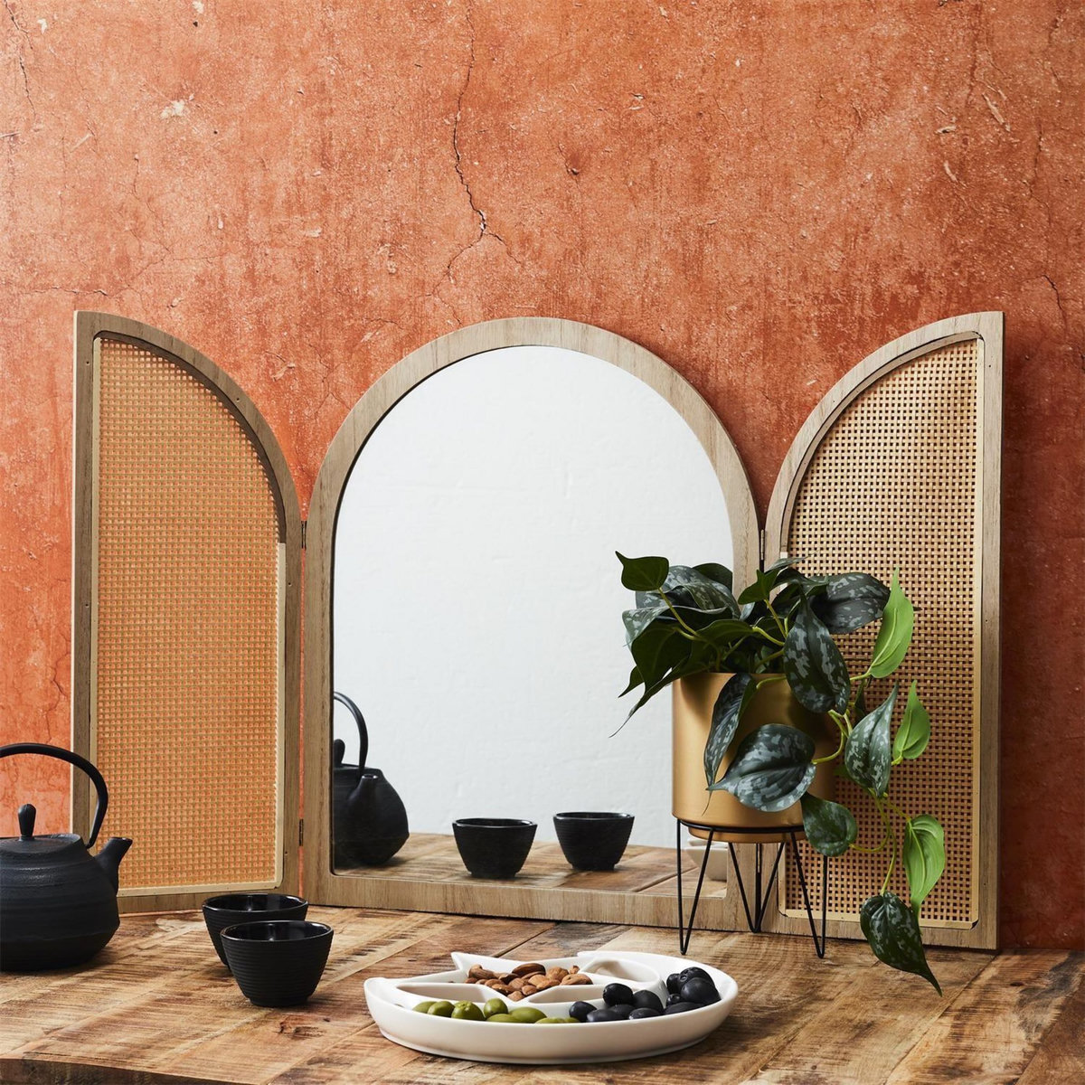 The Home Deco Factory Miroir à volets en cannage - Beige